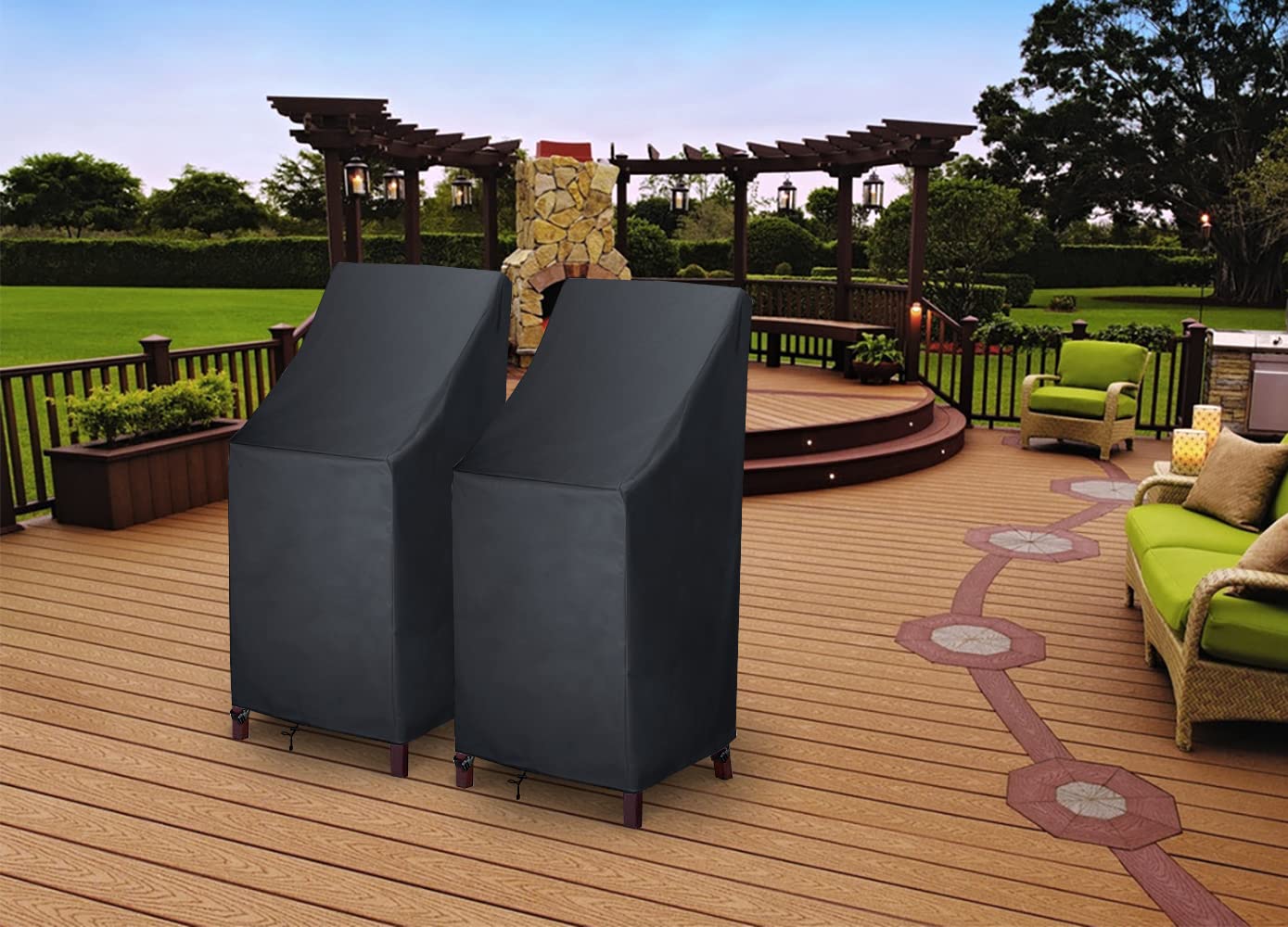 **Waterproof 600D Oxford High Back Patio Chair Covers (2 Pack) - Heavy Duty Stackable Outdoor Barstool Covers with Storage Bag - Ideal for Garden, Deck, Poolside & Patio Furniture Protection**