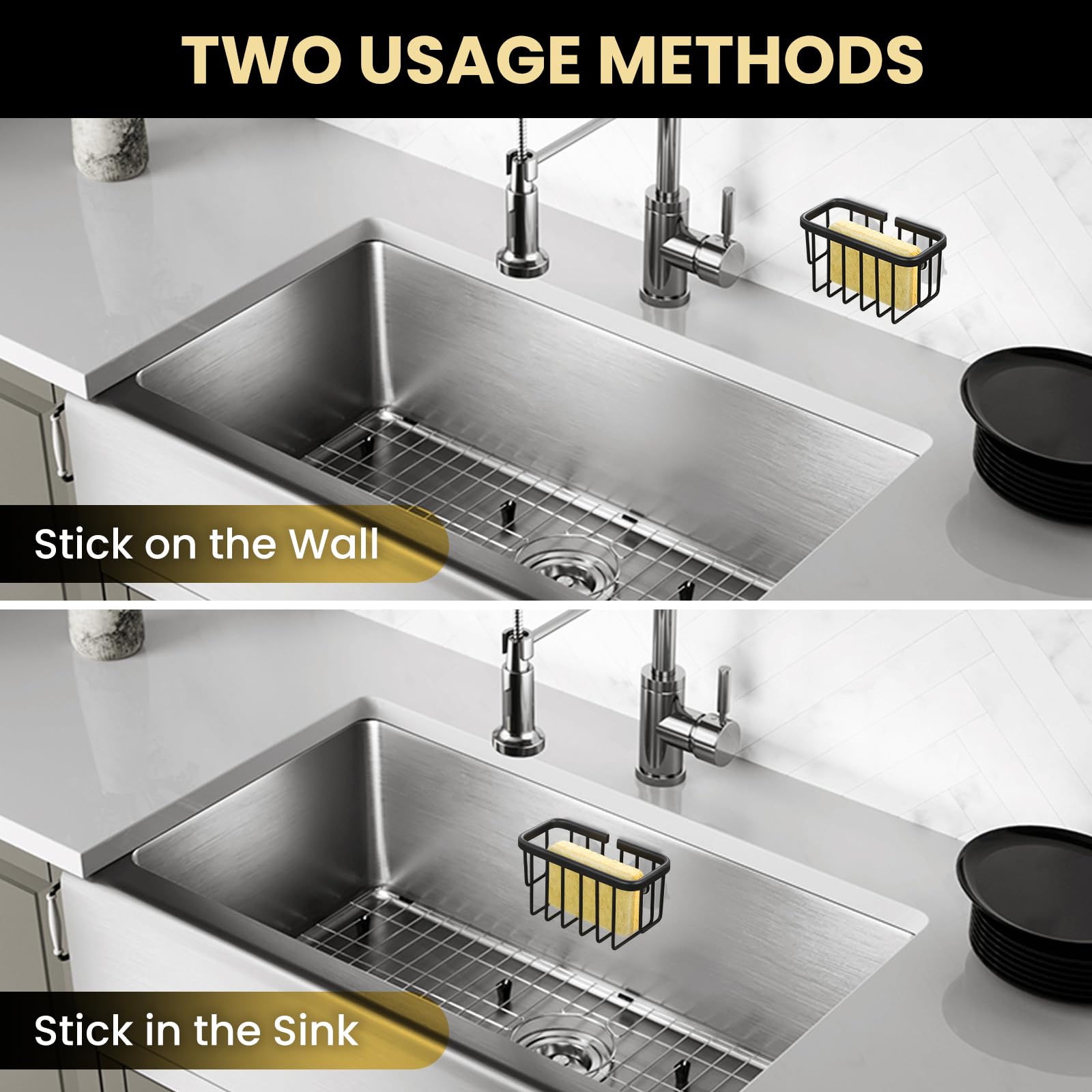 Stainless Steel Sponge Holder for Kitchen Sink - Strong Suction Cup & Adhesive Hooks - Sink Organizer Caddy for Sponges, Brushes, Soap - Perfect for Kitchen, Bathroom, RV (Black) | Durable & Rustproof Design for Daily Dishwashing & Cleaning
