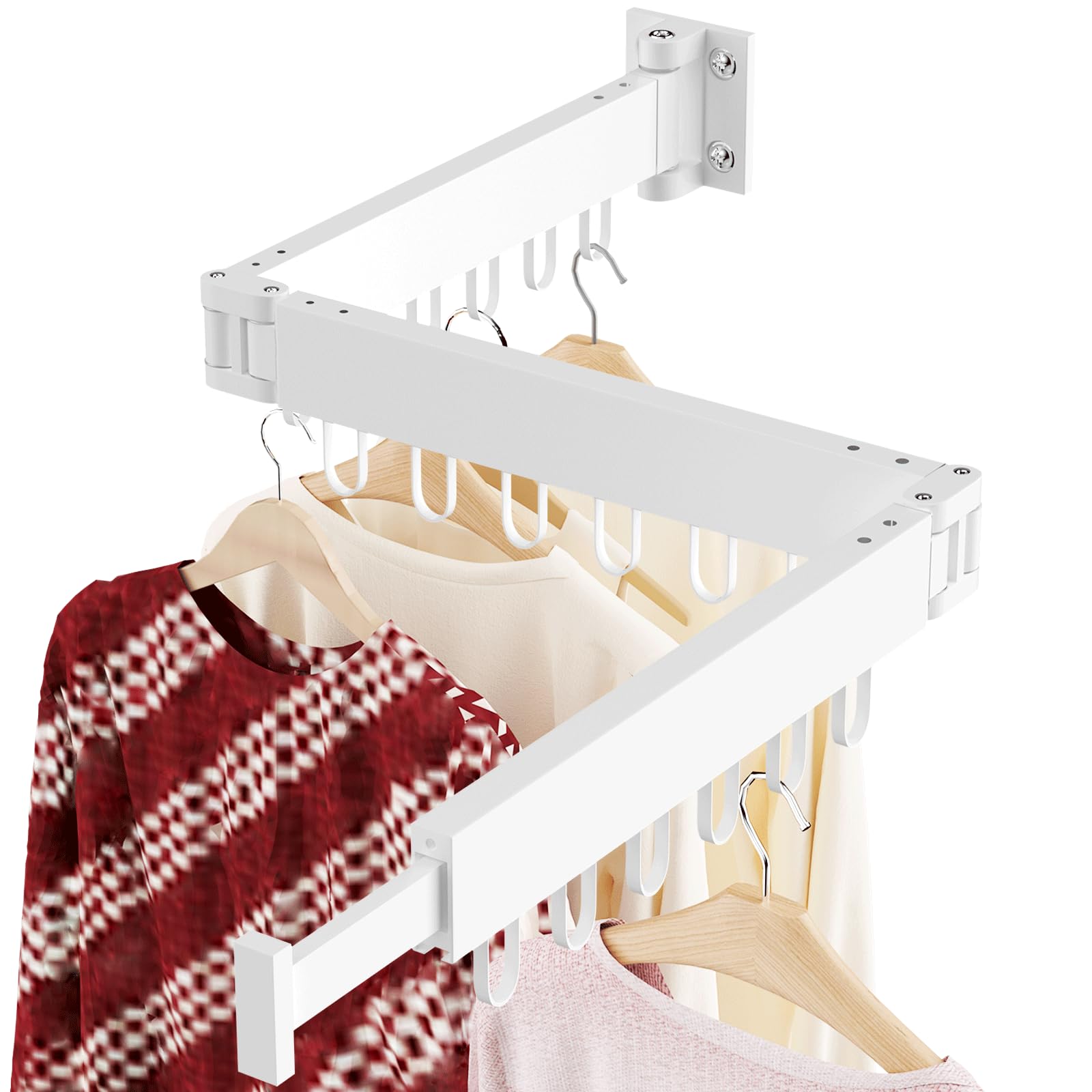 JAUREE Wall Mounted Clothes Drying Rack - Foldable & Collapsible Laundry Rack with 18 Hooks for Indoor Outdoor Use - Space Saving Solution for Apartments, Balconies & Small Homes - White