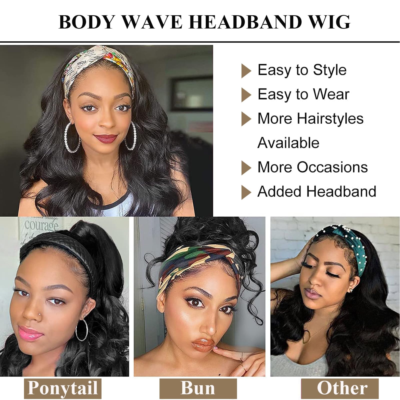 Colorful Queen Glueless Headband Wig - 16inch Synthetic Long Black Body Wave Wig for Black Women | Heat Resistant 180% Density (1B/H27#) | Natural Looking Wavy Hair for Daily Wear, Parties & Special Occasions
