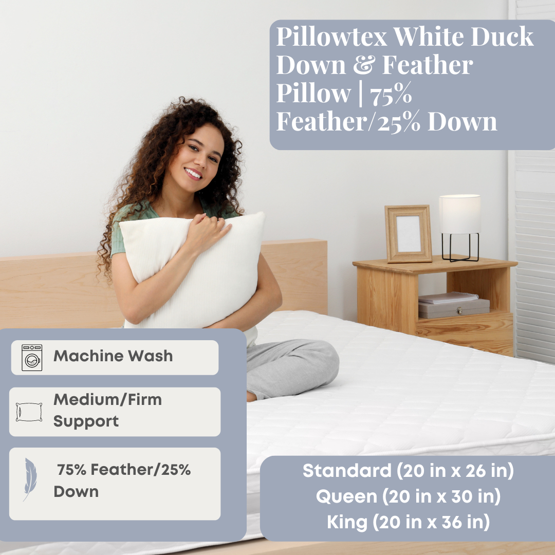 Premium White Duck Down & Feather Pillow - 75% Feather 25% Down Blend for Ultimate Comfort - Perfect for Side Sleepers & Luxury Bedding
