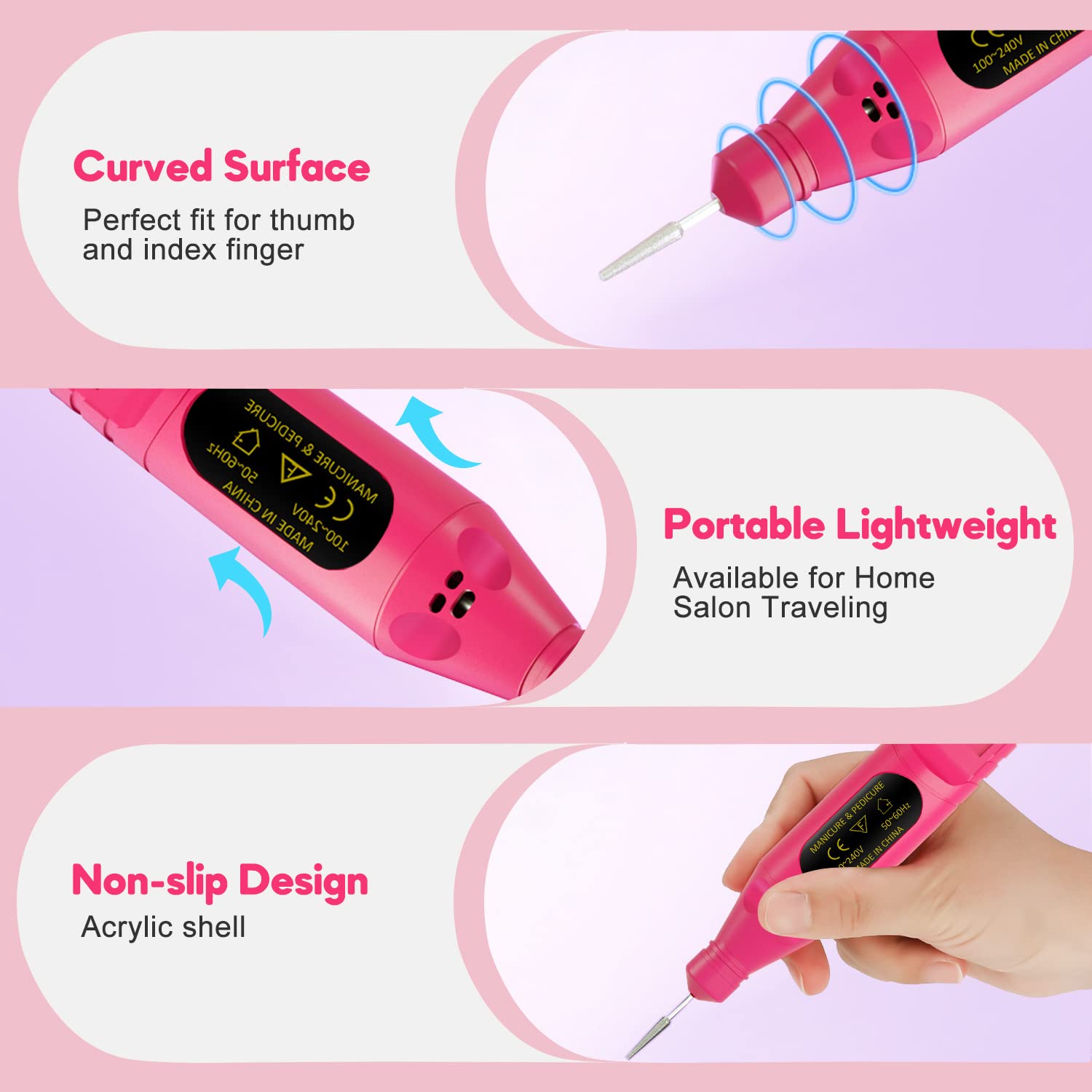 Professional USB Electric Nail Drill Machine Kit - Portable Manicure Pedicure Tool with 6Pcs Nail Drill Bits for Gel Nails, Acrylics & Nail Art (Rose) | Perfect for Home Salon, Nail Techs & DIY Beauty Care