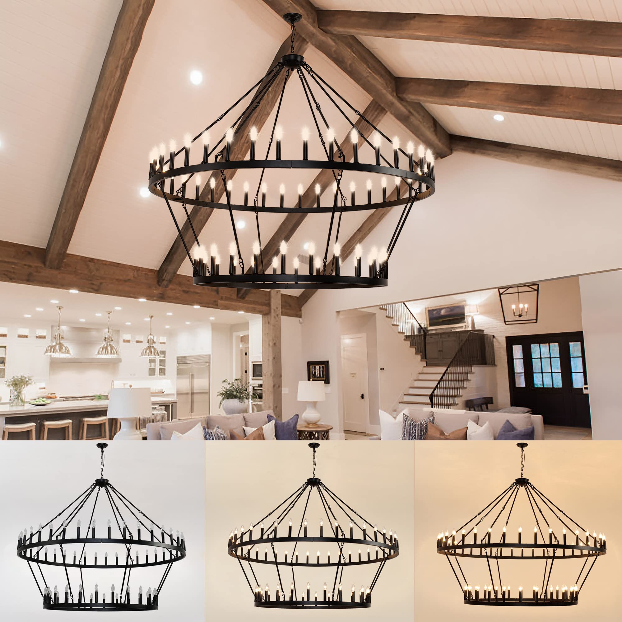 70 Inch Extra Large Wagon Wheel Chandelier - 2 Tier 64-Lights Black Farmhouse Pendant Light Fixture, Round Rustic Hanging Ceiling Light for Dining Room, Living Room, Foyer & High Ceiling Spaces