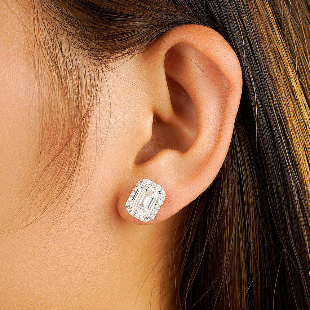 4.14 Carat Emerald Cut Moissanite Halo Stud Earrings in 14K Gold - Elegant Wedding, Anniversary & Gift Jewelry for Women