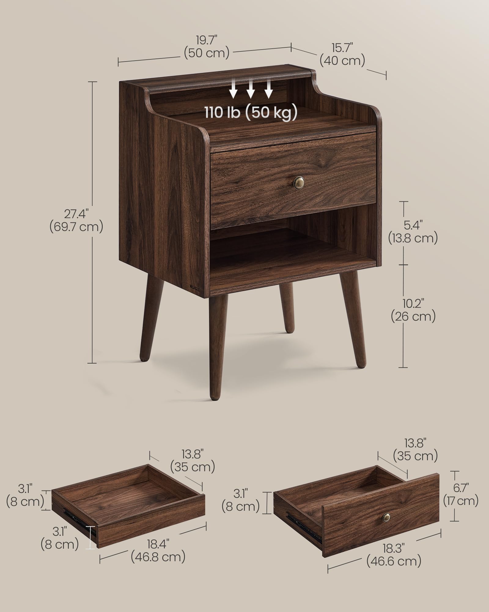 VASAGLE Mid-Century Nightstand Set of 2 with Hidden Drawers - Solid Wood Legs Bedside Tables for Bedroom, Living Room - Natural Walnut Finish ULET624K01 | Perfect for Small Spaces, Apartment Furniture & Modern Home Decor