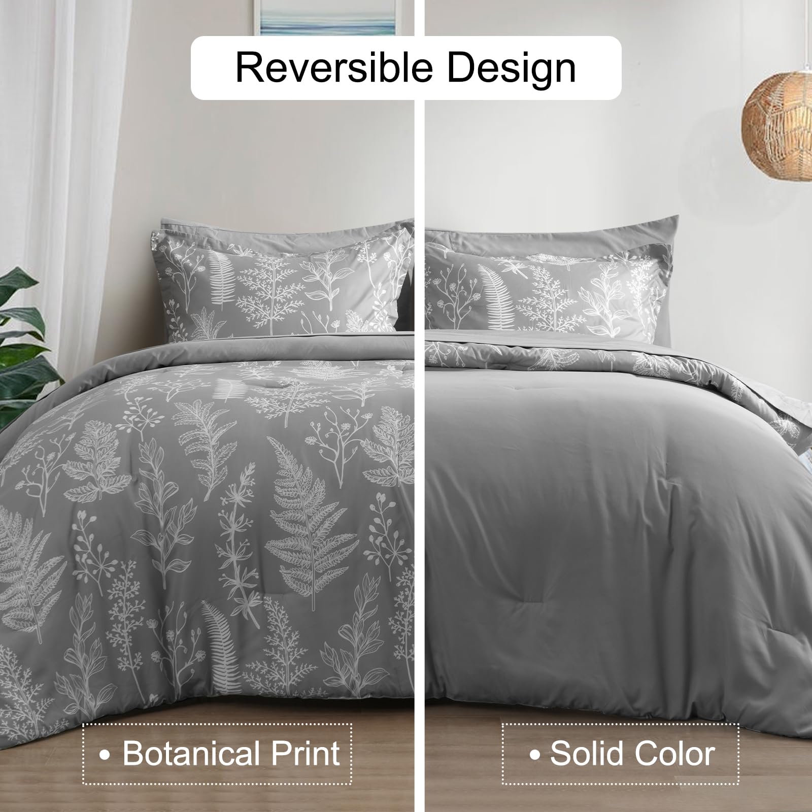 PHF 7-Piece King Comforter Set - Ultra Soft Reversible Botanical Bedding with Comforter, Pillow Shams & Sheets (Grey) | Complete Bed in a Bag for Luxurious Comfort | Perfect for Master Bedrooms, Guest Rooms & Cozy Home Decor
