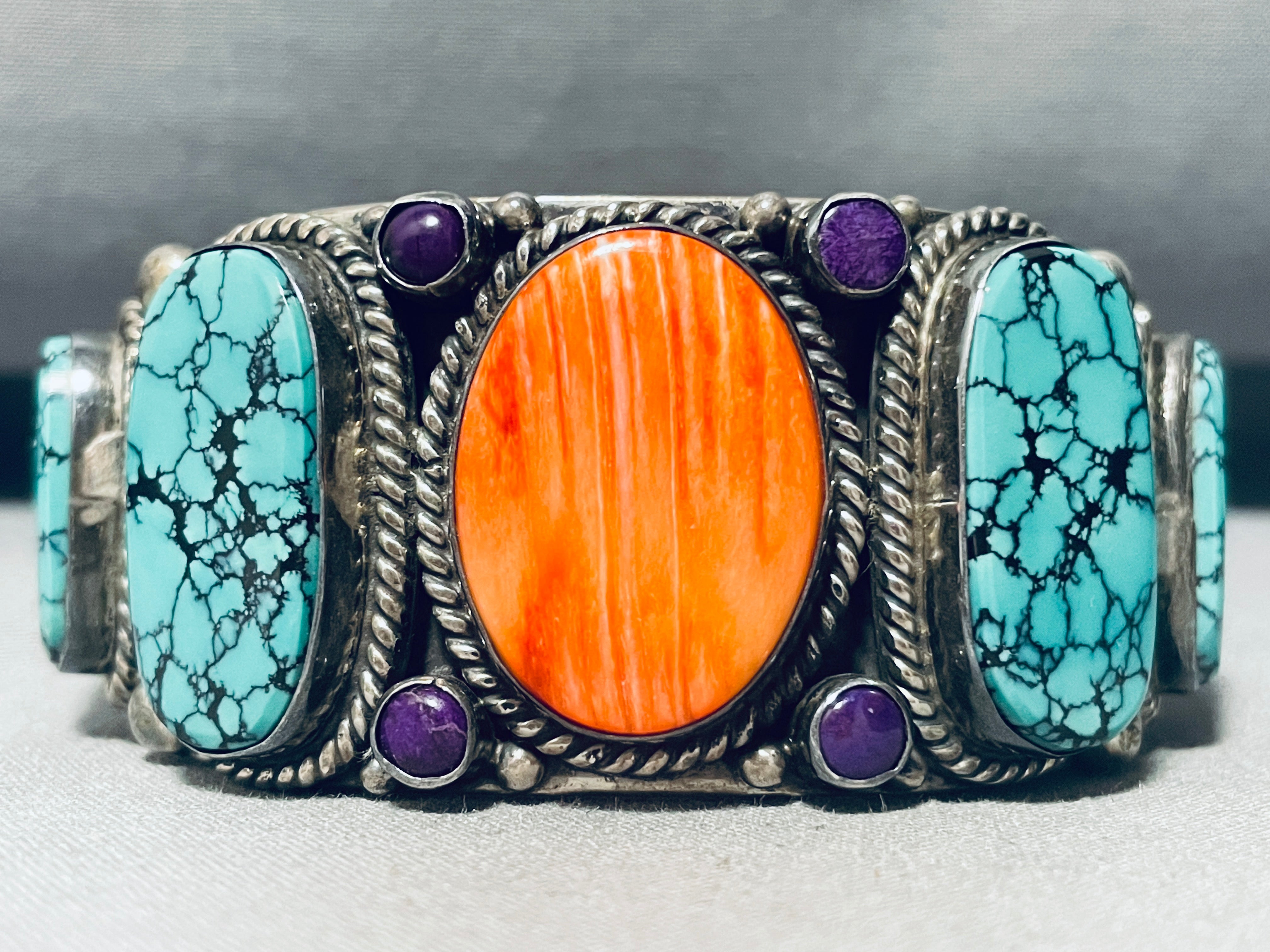 127 Grams!! Vintage Native American Navajo Spiderweb Turquoise Sterling Silver Shell Bracelet