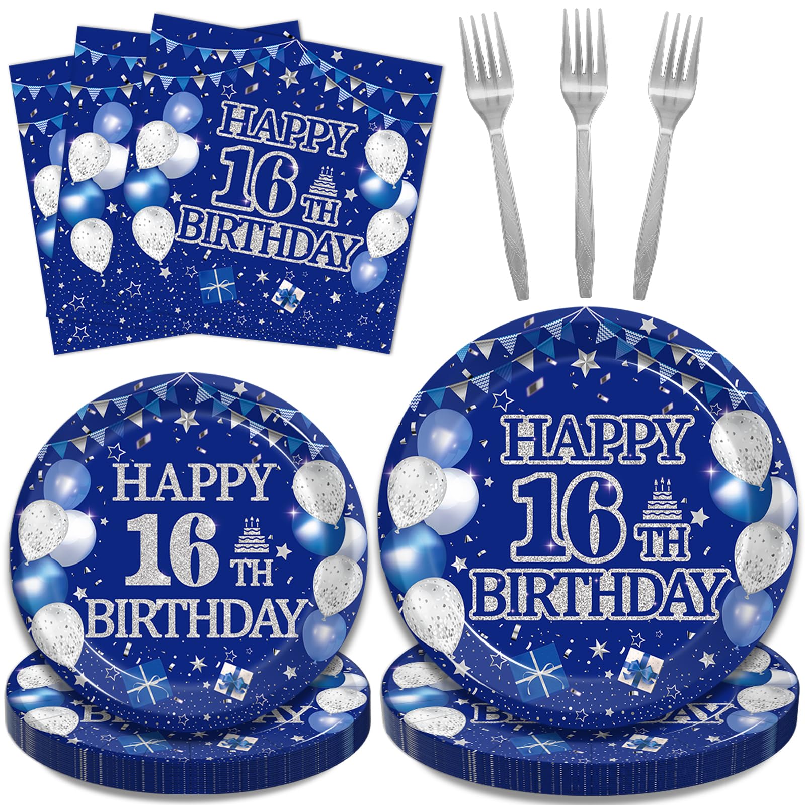 96Pcs Blue and Silver Happy 16th Birthday Party Tableware Set - 16th Birthday Decorations for Boys & Girls - Includes Dessert Plates, Napkins, Forks & Favors - Serves 24 Guests - Perfect for Sweet 16 Parties, Teen Celebrations & Milestone Birthday Events