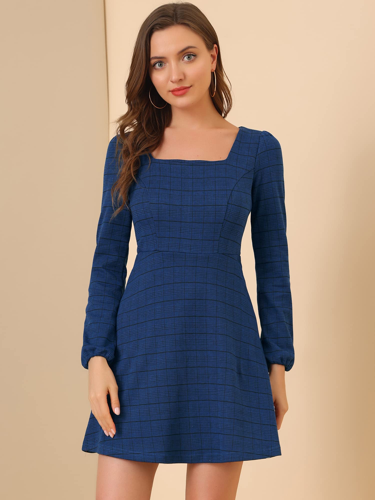 Allegra K Women's Vintage Plaid Mini Dress - Square Neck Long Sleeve Retro Spring Dress for Casual Outings, Date Nights & Office Wear