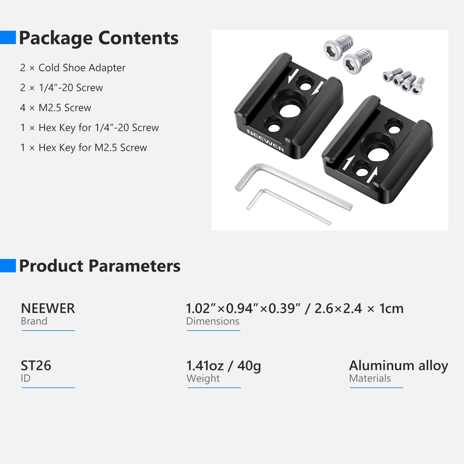 NEEWER ST26 Cold Shoe Mount Adapter with 1/4
