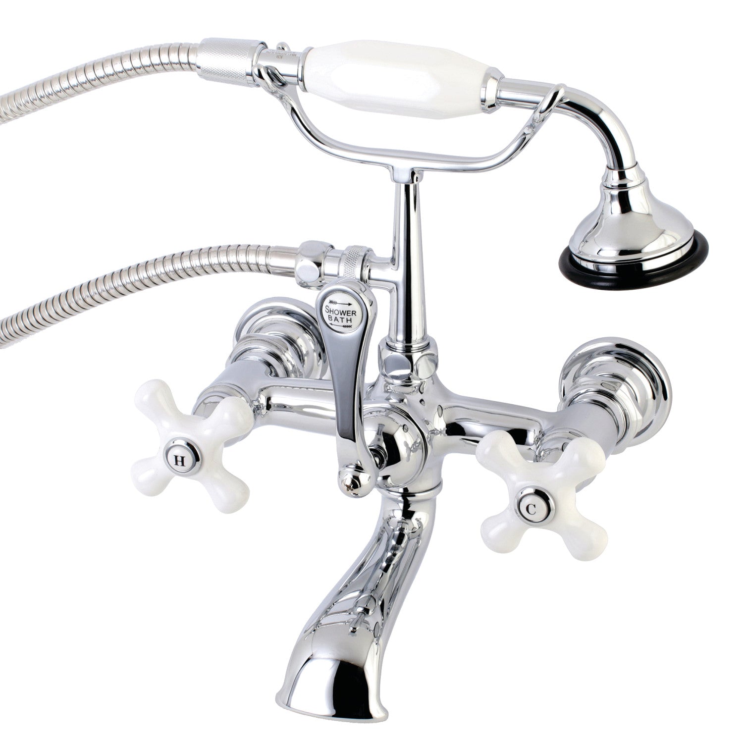 Vintage Clawfoot Tub Faucet with Hand Shower - 3 Handle 2 Hole Wall Mount Bathroom Fixture in Polished Chrome - Perfect for Antique Style Bathrooms & Spa Retreats