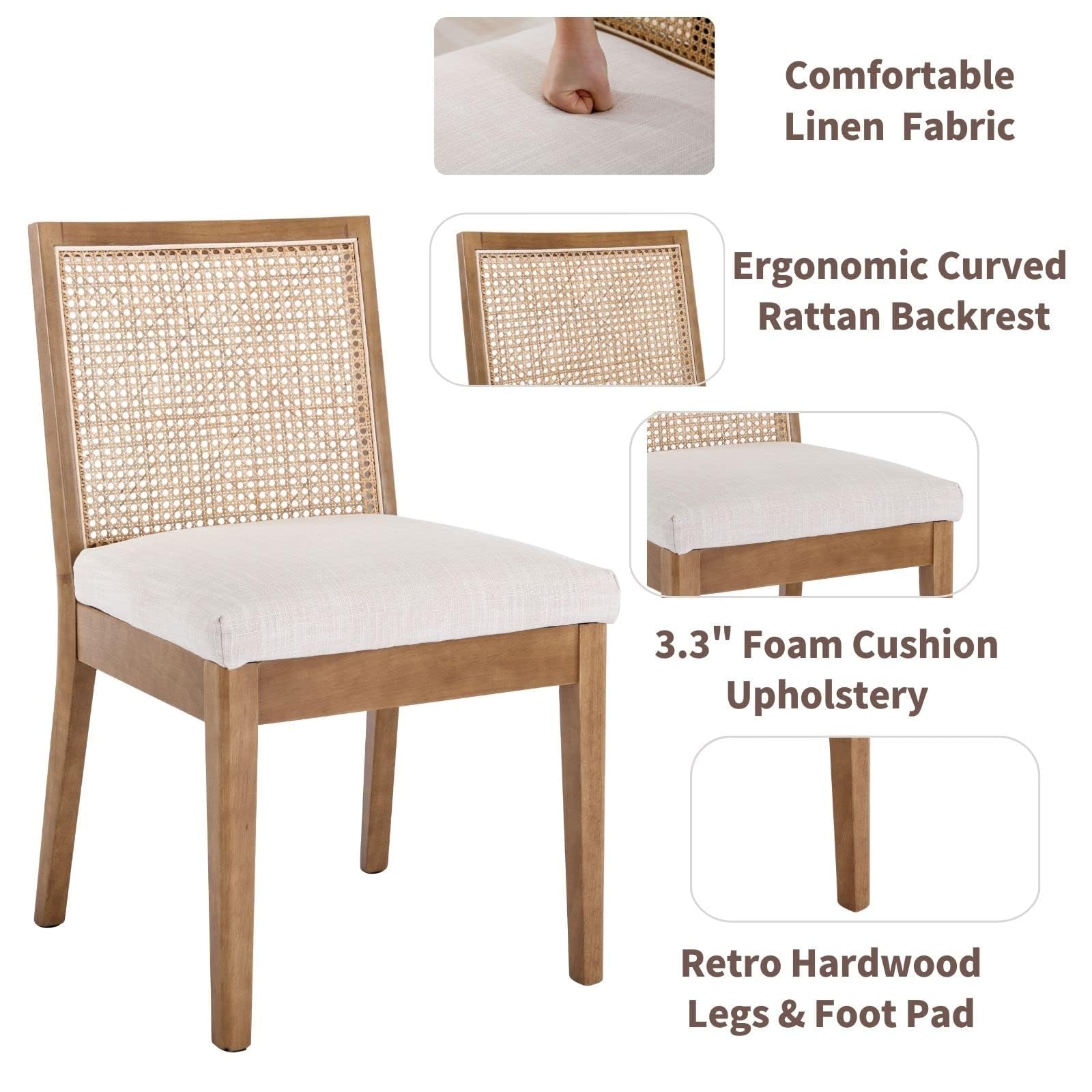 Vintage Rattan Dining Chairs Set of 2 - Mid Century Modern Kitchen & Dining Room Chairs with Cane Upholstery and Solid Hardwood Frame in Beige - Perfect for Farmhouse, Boho, or Coastal Style Dining Areas