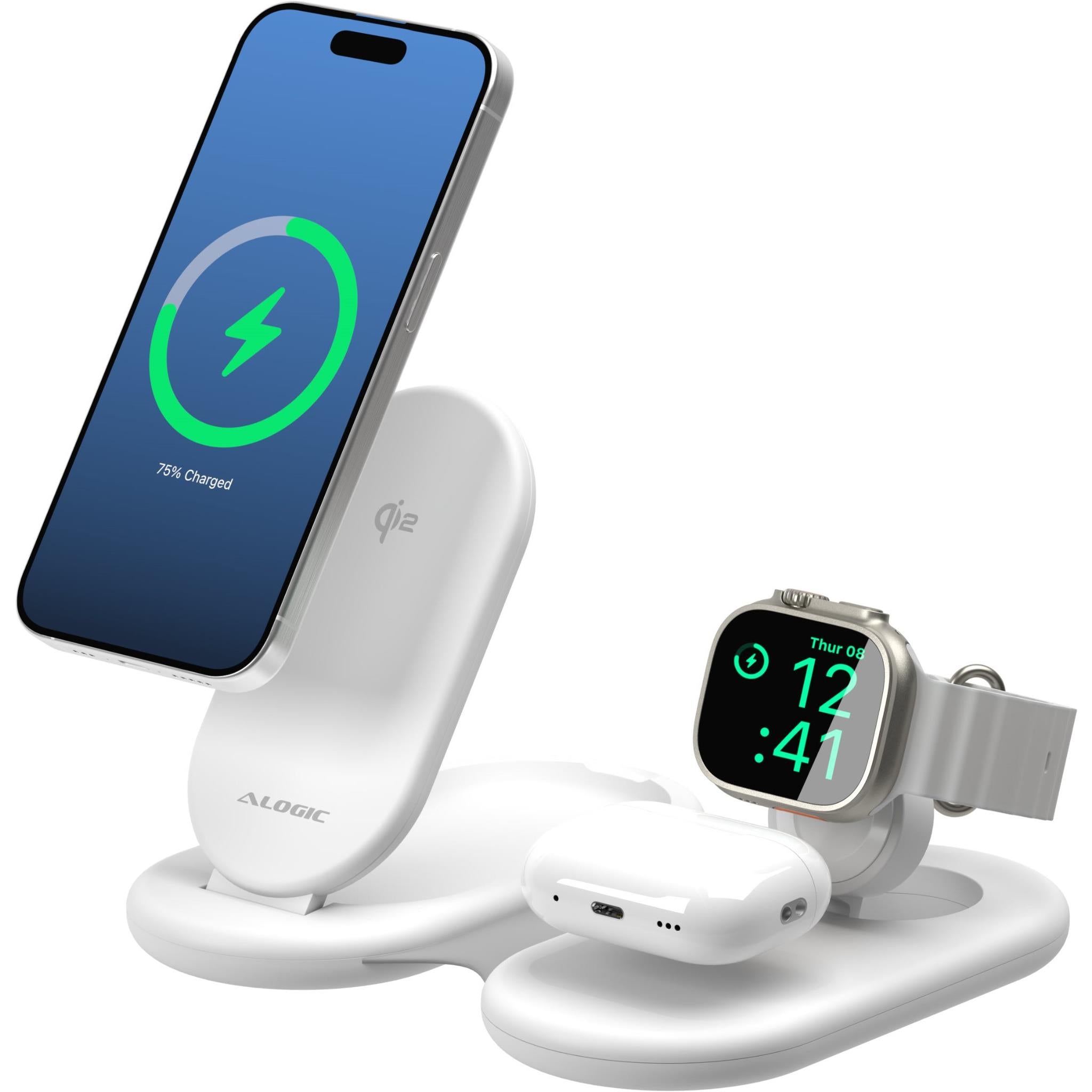 Alogic PackAway 3-in-1 Qi2 Certified Wireless Charging Stand for iPhone, AirPods & Apple Watch - Fast Charging Station - White | Perfect for Home, Office & Travel