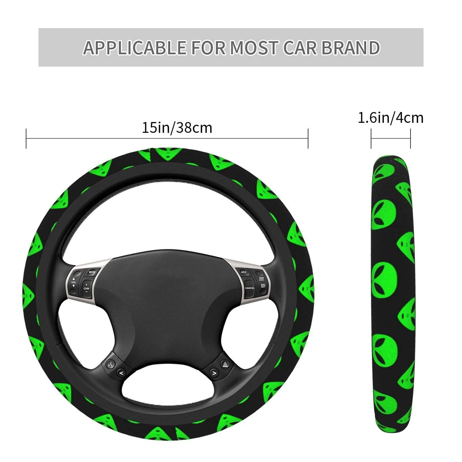 Non-Slip Green Aliens Face Universal Neoprene Steering Wheel Cover - Durable Car Accessory for Safe Driving & Unique Style (Perfect for Cars, Trucks, SUVs - Fun Gift for Alien Fans)