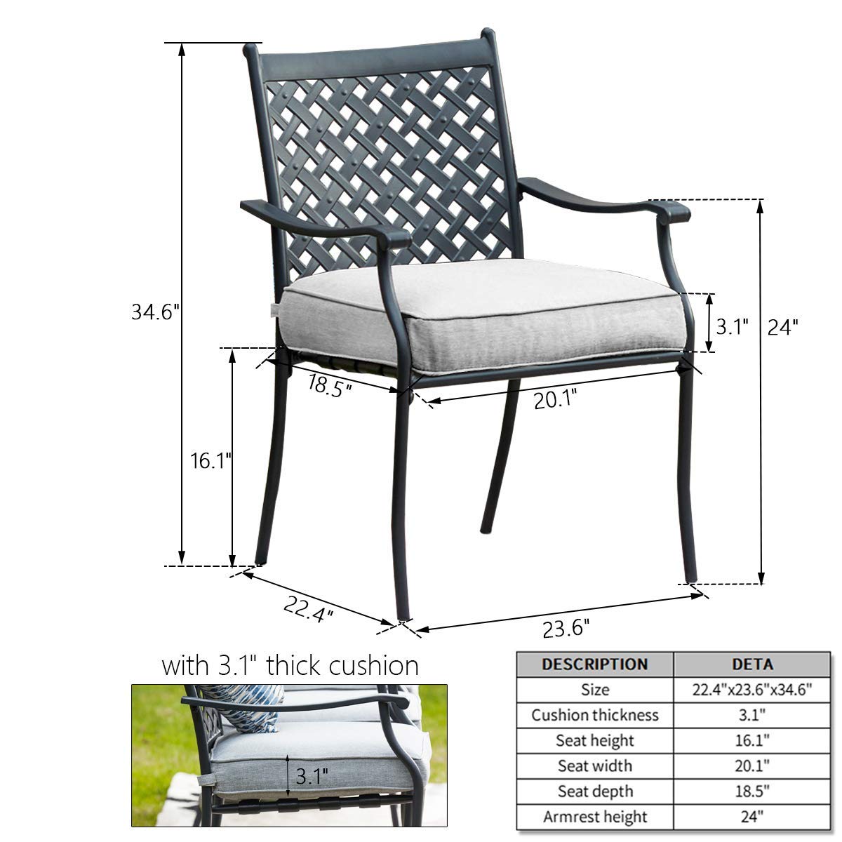 4-Piece Grey Metal Dining Chair Set with Arms & Cushions - Indoor/Outdoor Patio, Bistro, Cafe Side Chairs - Perfect for Backyard, Restaurant, and Home Dining Use