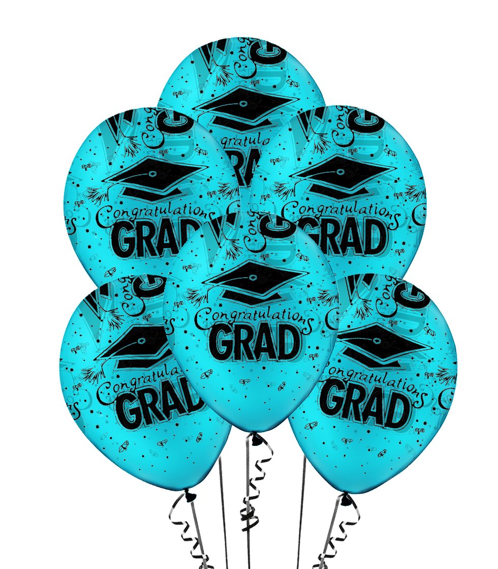 PMU Premium Turquoise Graduation Balloon with All-Over Print Black Graduation Caps - Confetti & Streamers | 100-Pack Latex Balloons for Graduation Parties | Perfect for Graduation Decorations, Photo Backdrops & School Celebration Events