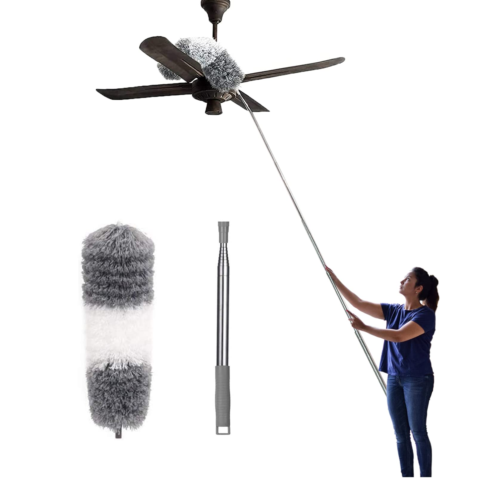 30-100 Inch Extendable Microfiber Feather Duster with Telescoping Pole - Lightweight Cobweb Cleaner for High Ceilings, Fans, Furniture, Blinds & Car Detailing | Perfect for Hard-to-Reach Areas & Spring Cleaning