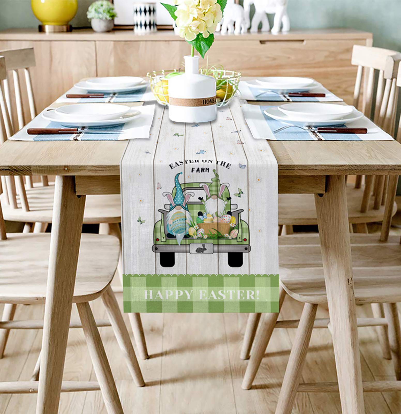 Easter Table Runner - 13x90 Inch Cotton Linen Non-Slip Tablecloth with Easter Egg, Bunny Ears & Gnome Designs in Green Check Plaid - Perfect for Spring Holiday Decor, Dining Table Centerpiece, and Easter Party Table Setting
