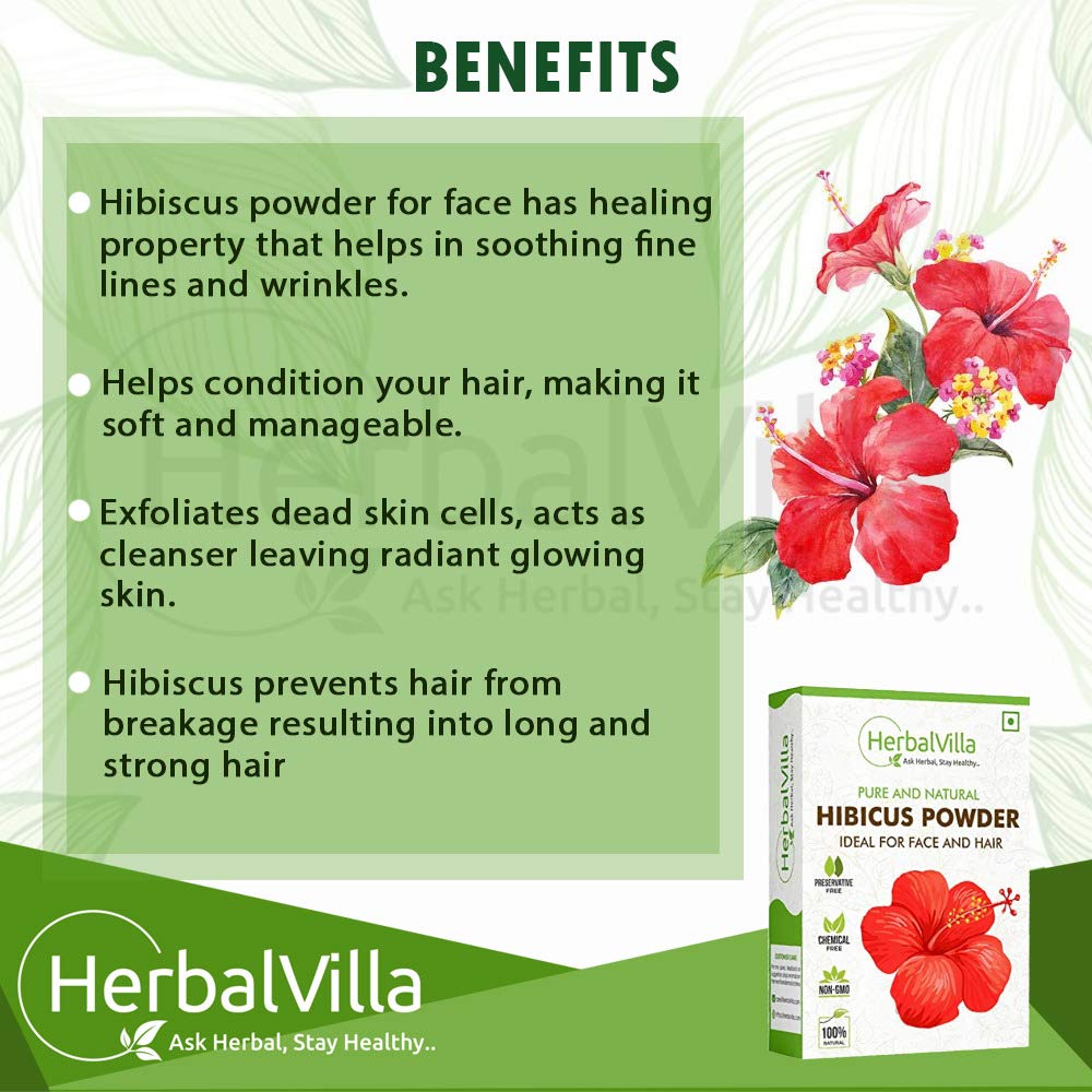 Herbalvilla Hibiscus Powder for Hair Growth & Skin Care - 200g | Natural Hair & Face Mask for Thicker Hair & Glowing Skin | DIY Beauty Treatment for Hair Loss & Anti-Aging