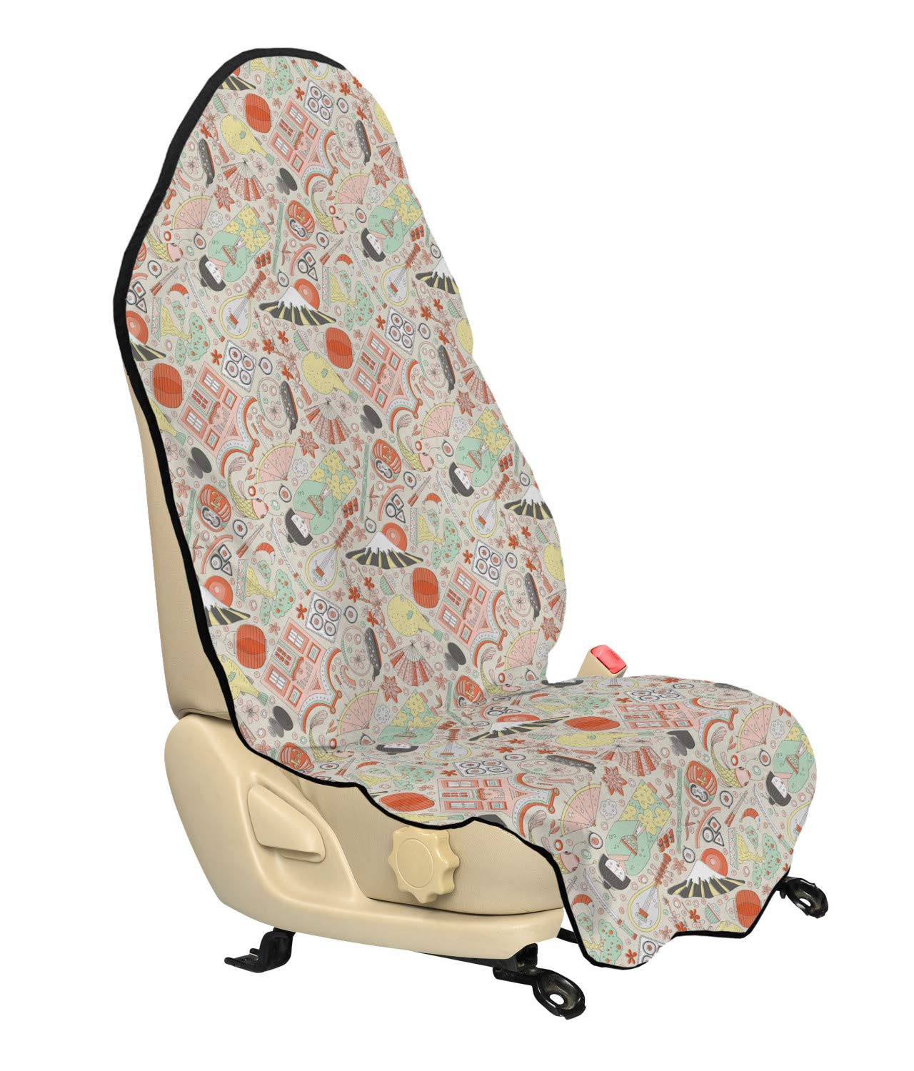 Ambesonne Japanese Car Seat Hoodie - Doodle Koi Fish, Sakura Bonsai Tree & Geisha Pastel Design | Non-Slip Universal Fit Car Seat Cover Protector (30