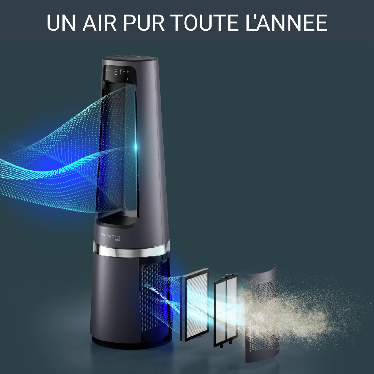 Rowenta Eclipse 3-in-1 Air Purifier, Heater & Fan - Powerful 12-Speed Quiet Operation with Multi-Oscillation, Timer & Delay Start (Model QU5062F0) - Perfect for Bedroom, Office & Home Air Purification & Climate Control