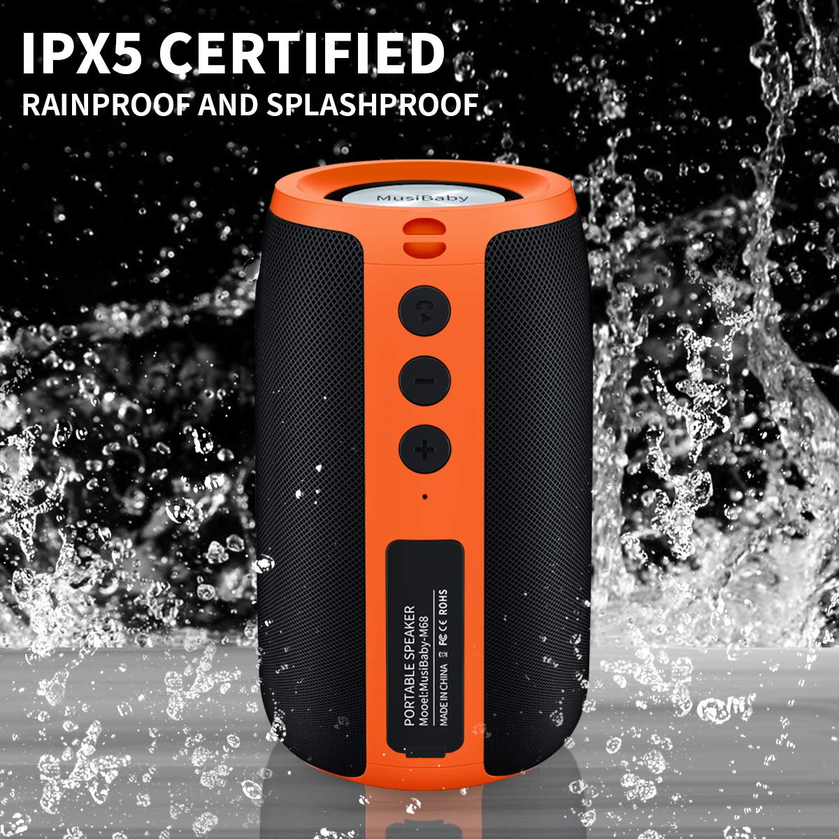 MusiBaby Bluetooth Speaker - Wireless, Waterproof, Portable with Stereo Sound & Booming Bass, Bluetooth 5.0, 24H Playtime, Dual Pairing, Ideal for Home, Party, Travel, Outdoor Adventures, and Gifting - Orange