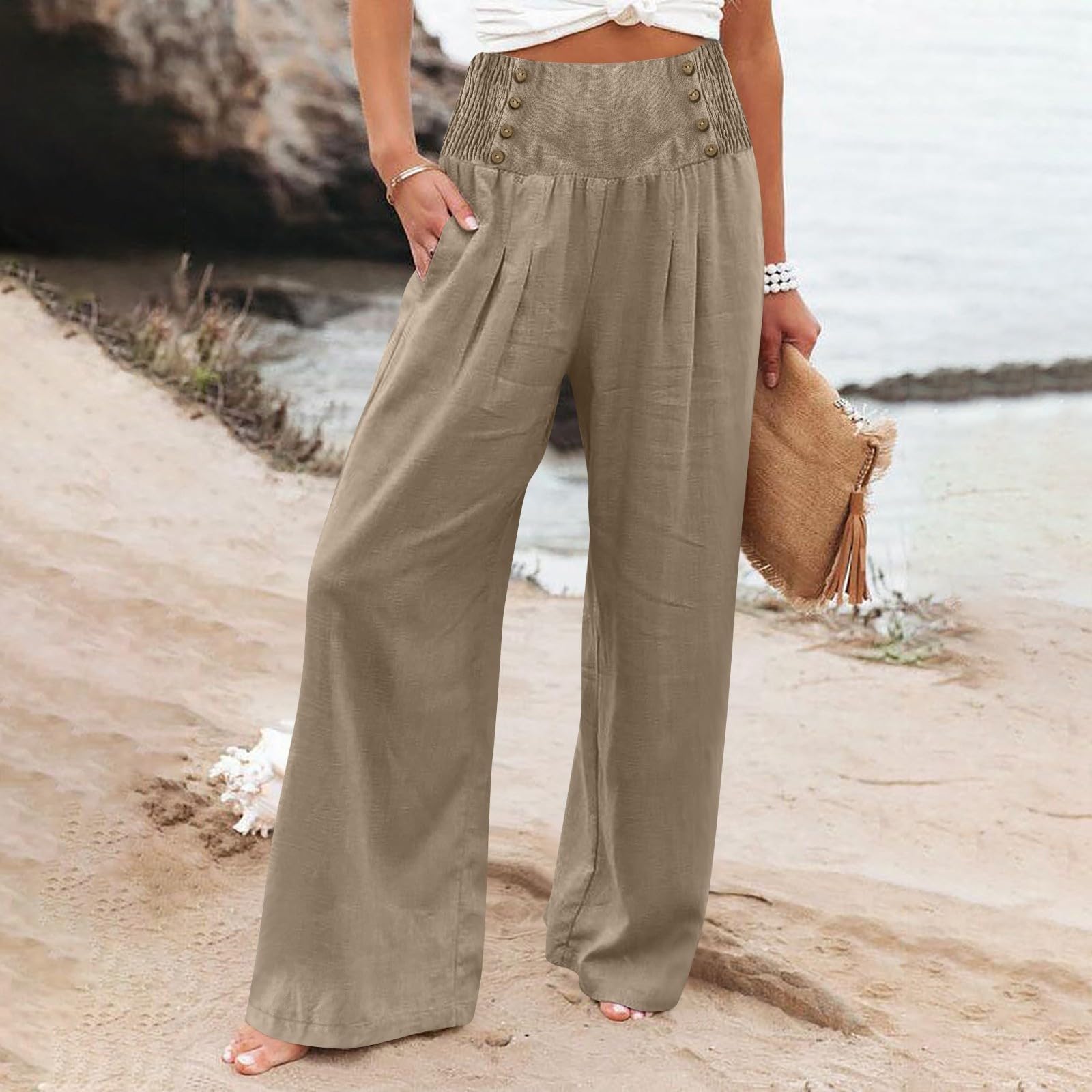 Women's Linen Palazzo Pants - High Waisted Wide Leg Casual Trousers with Pockets | Lightweight Summer Loose Pants for Beach, Travel & Lounge Wear