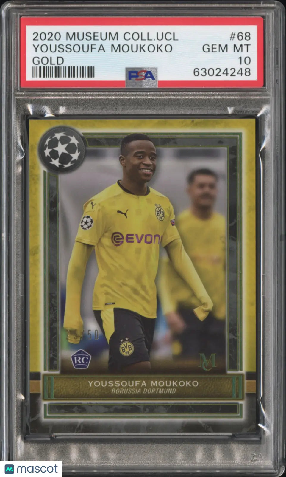 2020 Topps Museum Collection UEFA Champions League PSA 10 Youssoufa Moukoko Rookie Card Gold Parallel 25/50 #68 - Rare Football Trading Card for Collectors & Investors