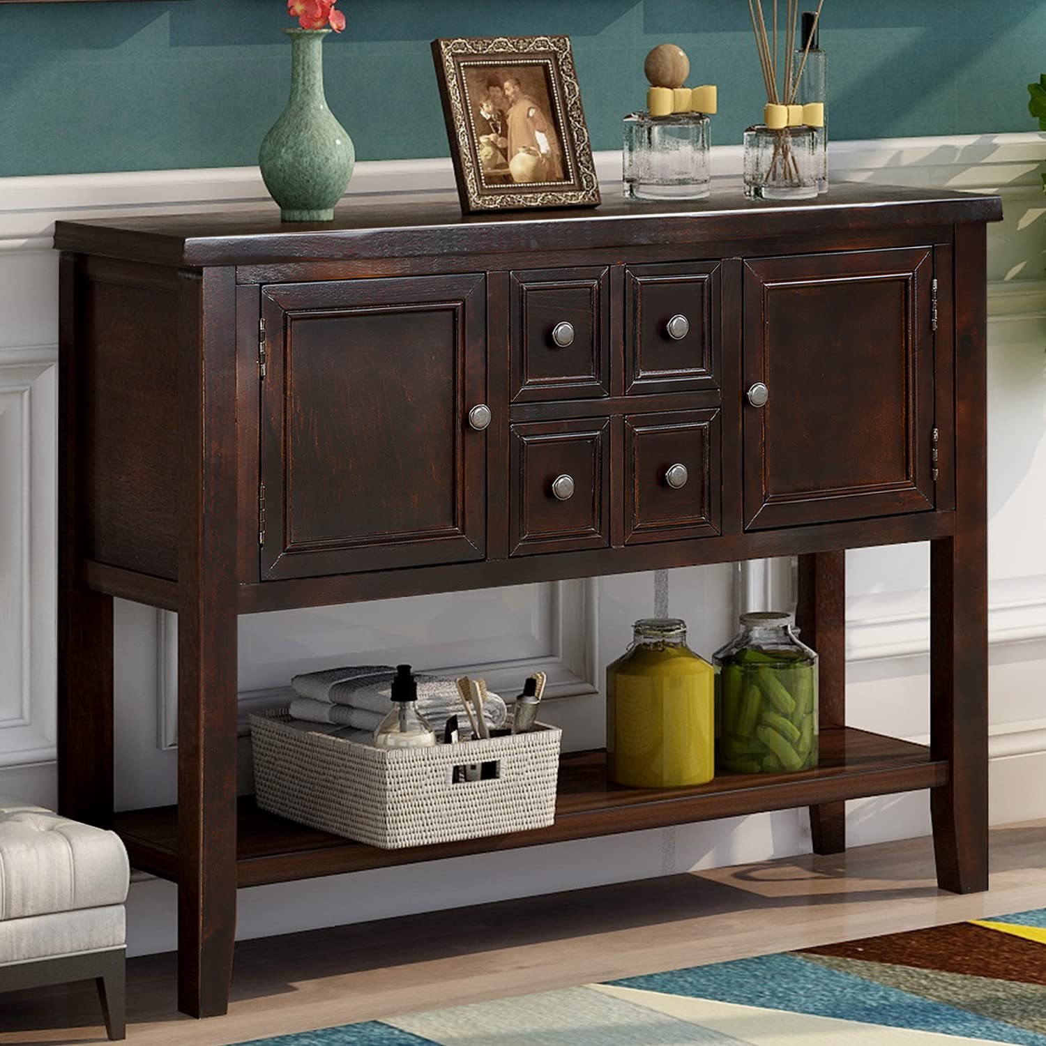 P PURLOVE Farmhouse Style Console Table with Drawer - Rustic Sideboard Buffet Cabinet with Storage for Living Room, Kitchen, Dining Room & Entryway - Perfect for Home Decor & Organization