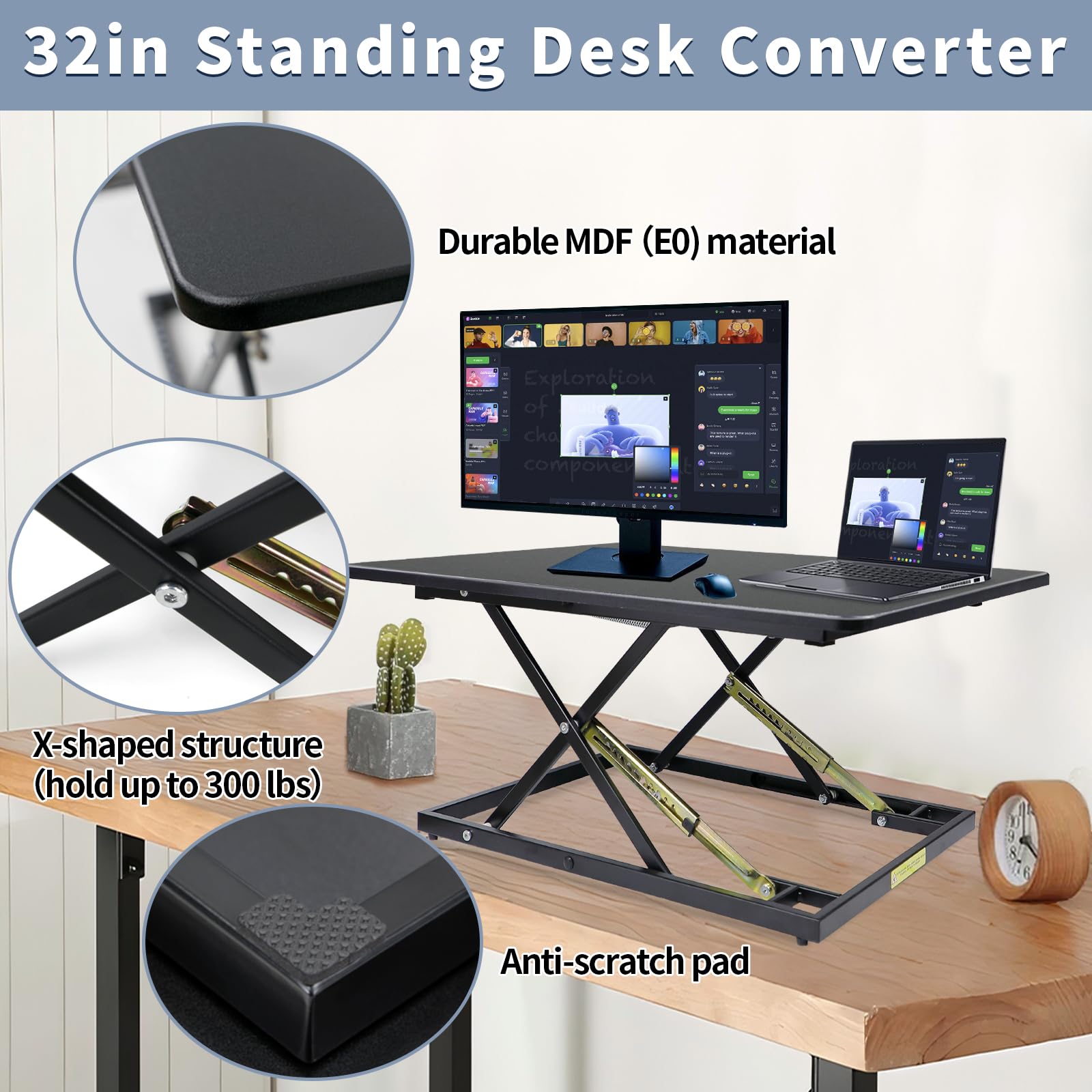 32in Height Adjustable Standing Desk Converter - Sit Stand Workstation for Home Office, Fully Assembled Monitor & Laptop Riser (Black) | Perfect for Ergonomic Work Setup, Video Conferencing and Dual Monitor Workspaces