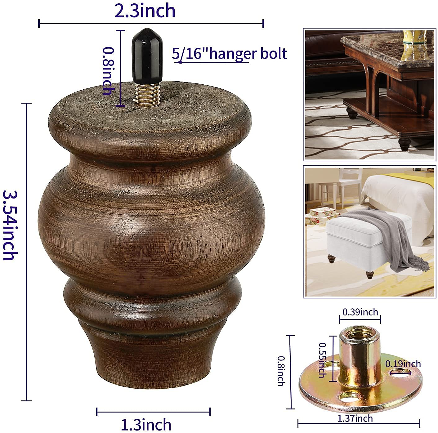 3.5 Inch Round Wooden Sofa Legs Set of 4 - Brown Furniture Replacement Feet for Couch, Armchair, Recliner & Coffee Table - Perfect for Home Office, Living Room & Bedroom Decor