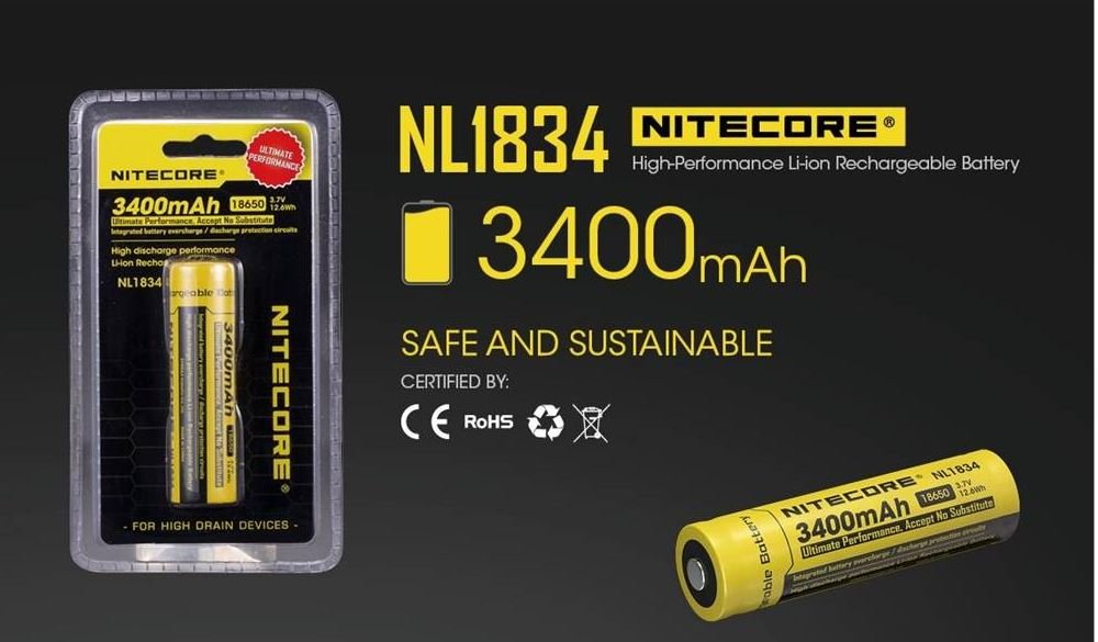 Nitecore NL1834 18650 Rechargeable Battery 3400mAh High Capacity - Perfect for Flashlights, Vape Mods, and Portable Electronics