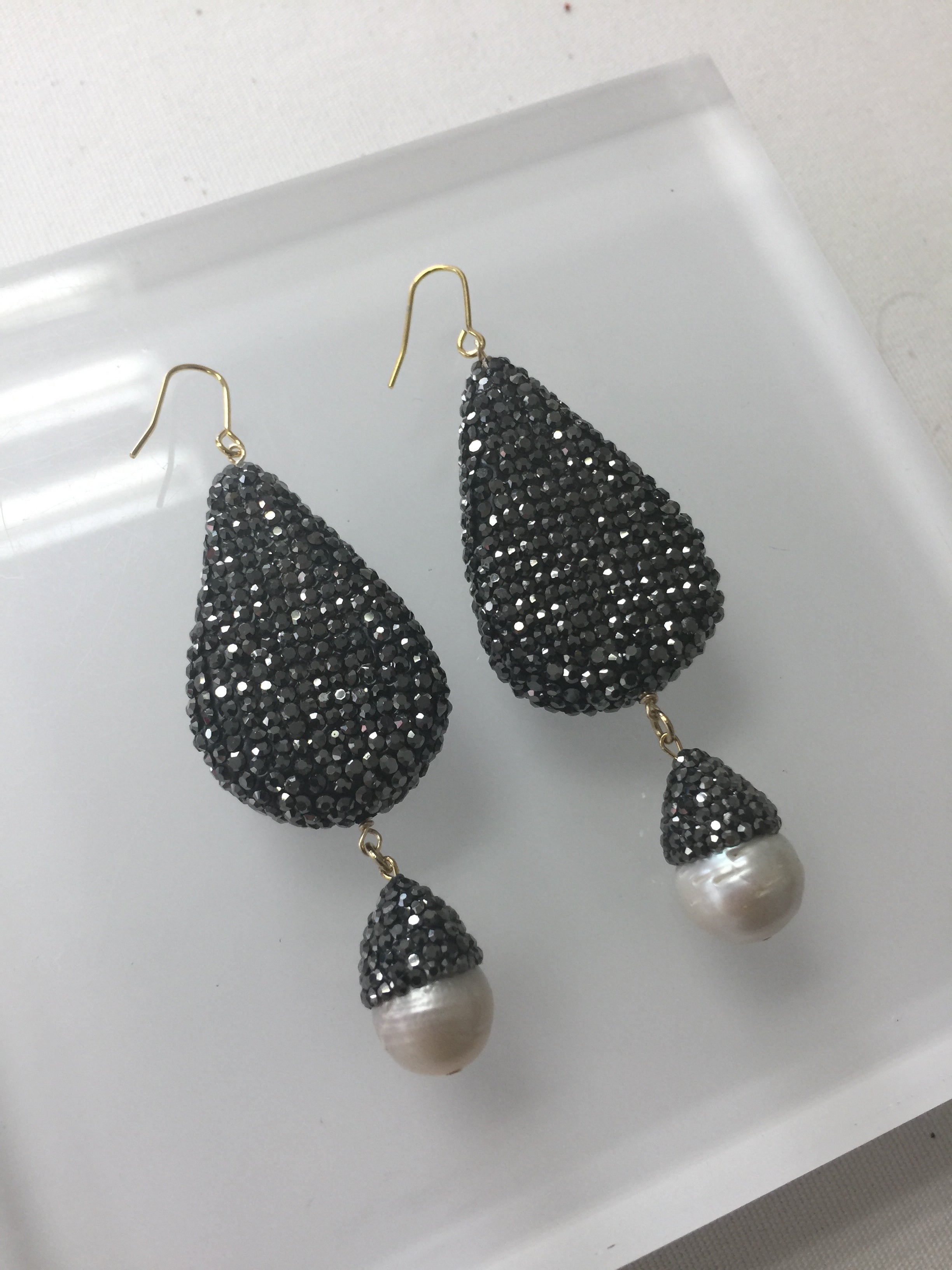 Teardrop Rhinestone & Freshwater Pearl Dangle Earrings RE005 - Elegant Bridal Jewelry for Weddings, Parties & Special Occasions