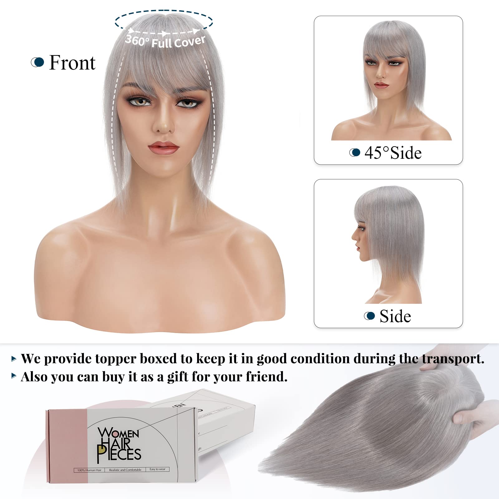 Benehair Clip in Hair Topper with Bangs - 100% Human Hair Top Hairpiece for Women with Thinning Hair | 10 Inch 33g Grey Wiglet | Natural Fringe Bang Replacement | Perfect for Daily Wear, Special Occasions & Hair Loss Solutions