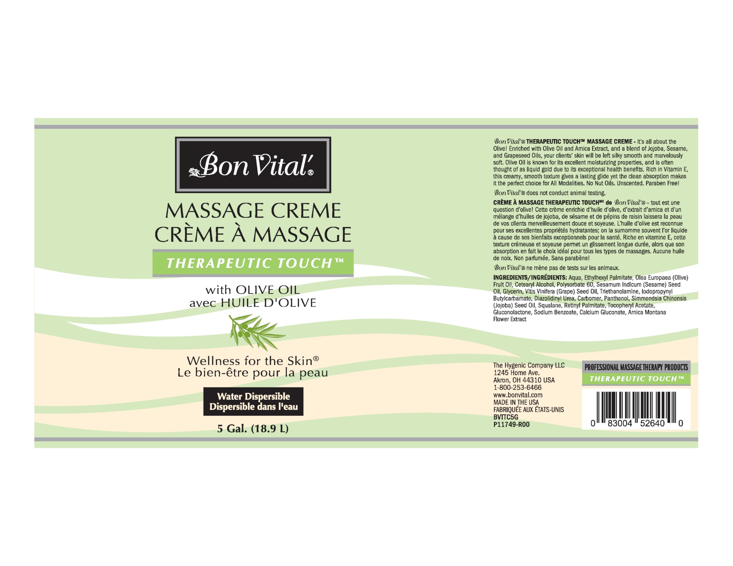 Bon Vital' Therapeutic Touch Massage Cream - Professional Olive Oil Massage Lotion for Dry Skin Repair & Muscle Pain Relief | Full Body Moisturizer for Youthful Skin | 5 Gallon Bulk Size | Ideal for Spa, Physical Therapy & Home Massage Use