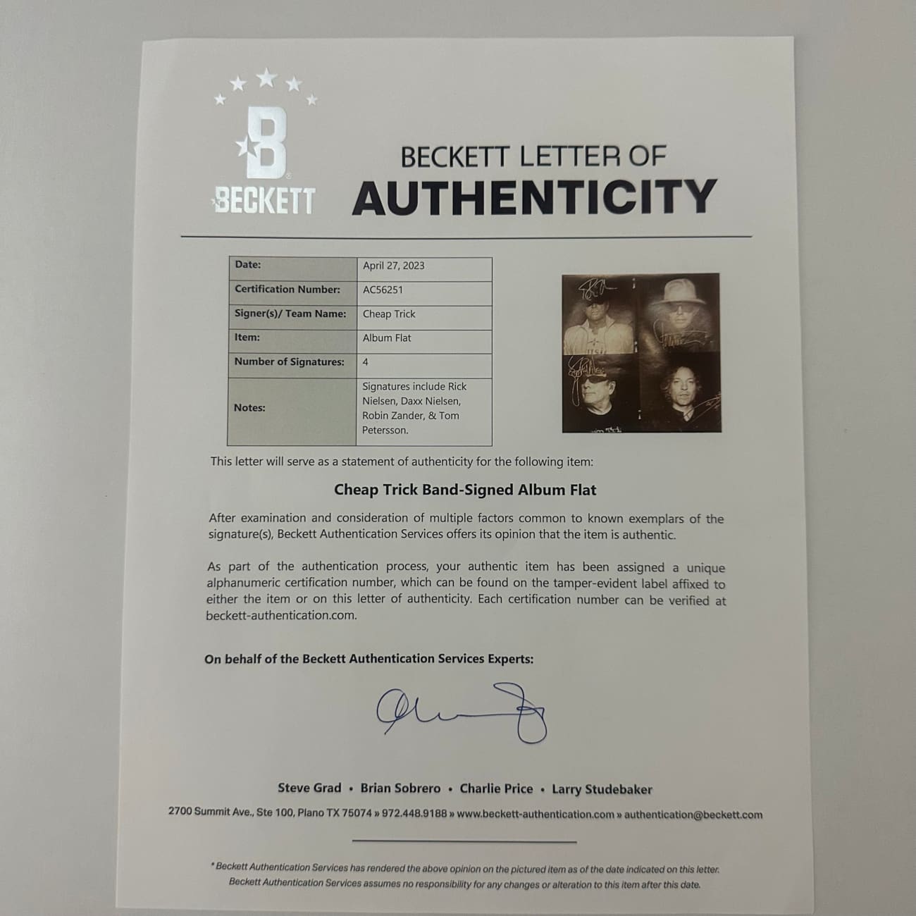 Cheap Trick 'In Another World' Album Flat Signed by Nielsen, Zander & Petersson with BAS LOA - Authentic Collectible for Music Fans & Memorabilia Enthusiasts - Perfect for Framing, Displaying or Gifting