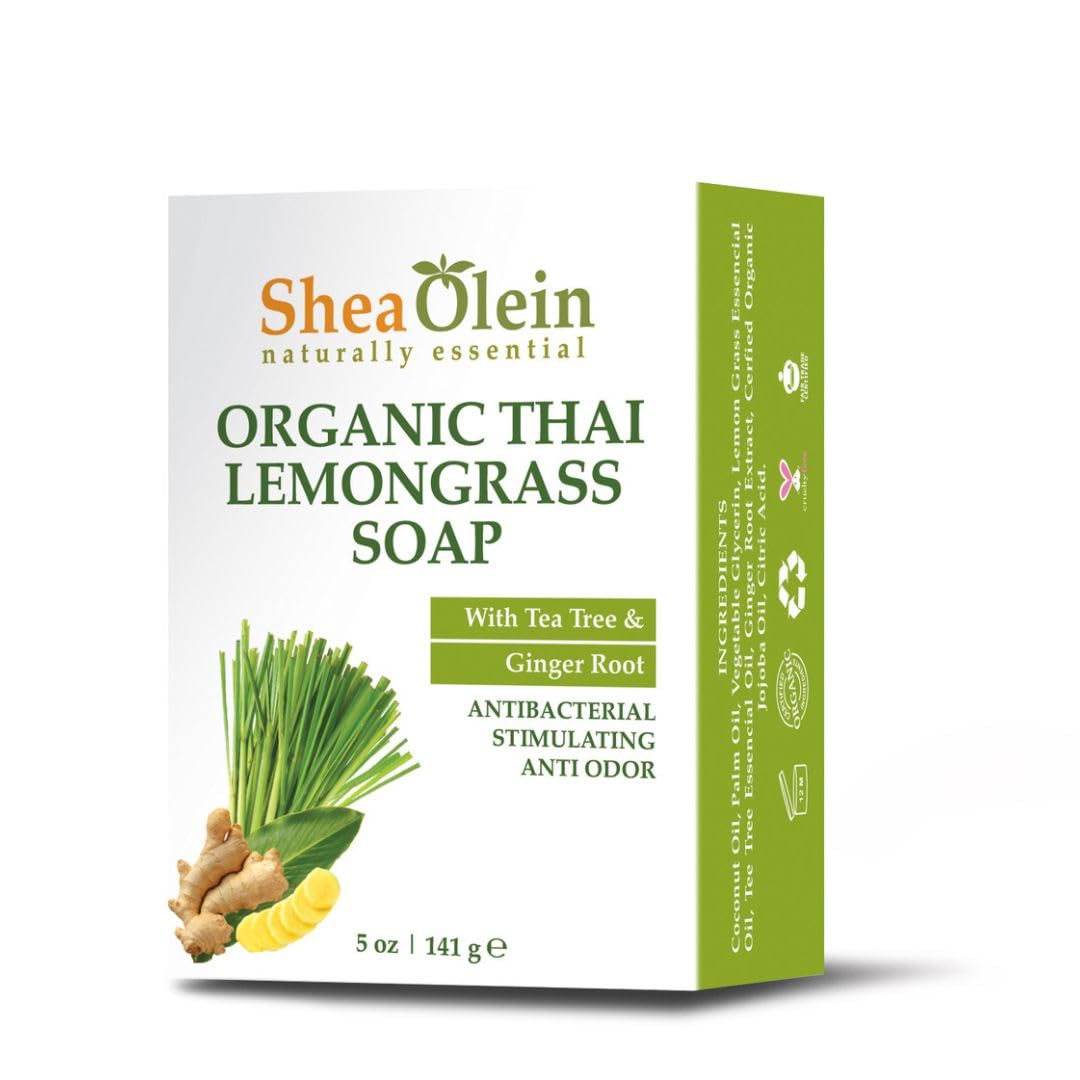 Organic Thai Lemongrass Shea Olein Soap Bar - Antibacterial, Anti-Odor with Tea Tree & Ginger Root - pH Balanced Natural Bar Soap for Refreshing Clean (5 oz, 6 Bars) - Perfect for Daily Shower, Spa Day & Travel Toiletries