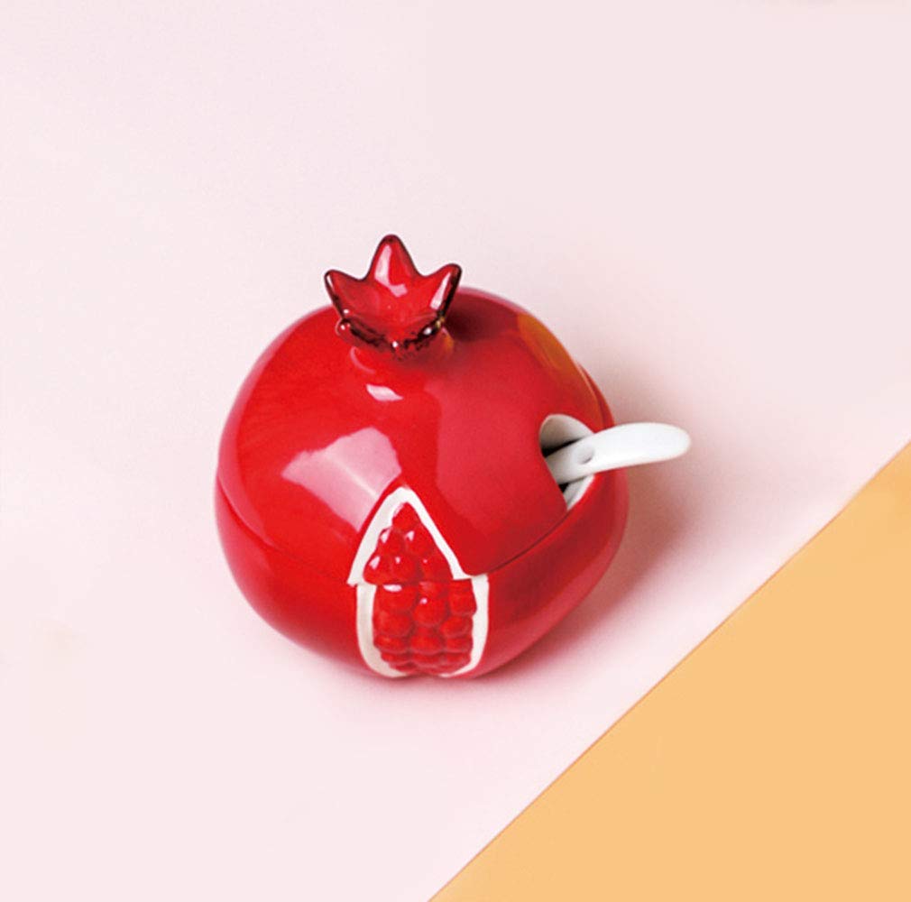 Premium Ceramic Pomegranate-Shaped Sugar Bowl with Spoon - Elegant Spice & Seasoning Storage Jar for Tea, Coffee, Baking & Kitchen Decor