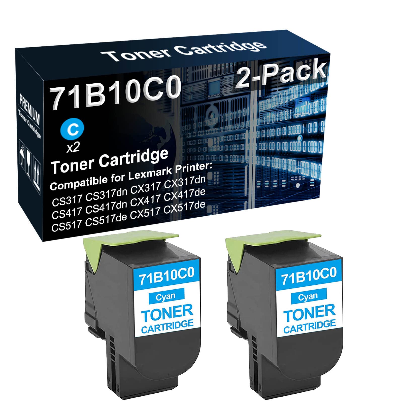 2-Pack High Yield Cyan Laser Printer Toner Cartridge - Compatible with Lexmark CS317dn CX317dn CS417dn CX417de CS517de CX517de (Replaces 71B0020 71B10C0) - Perfect for Office Printing & Bulk Document Production