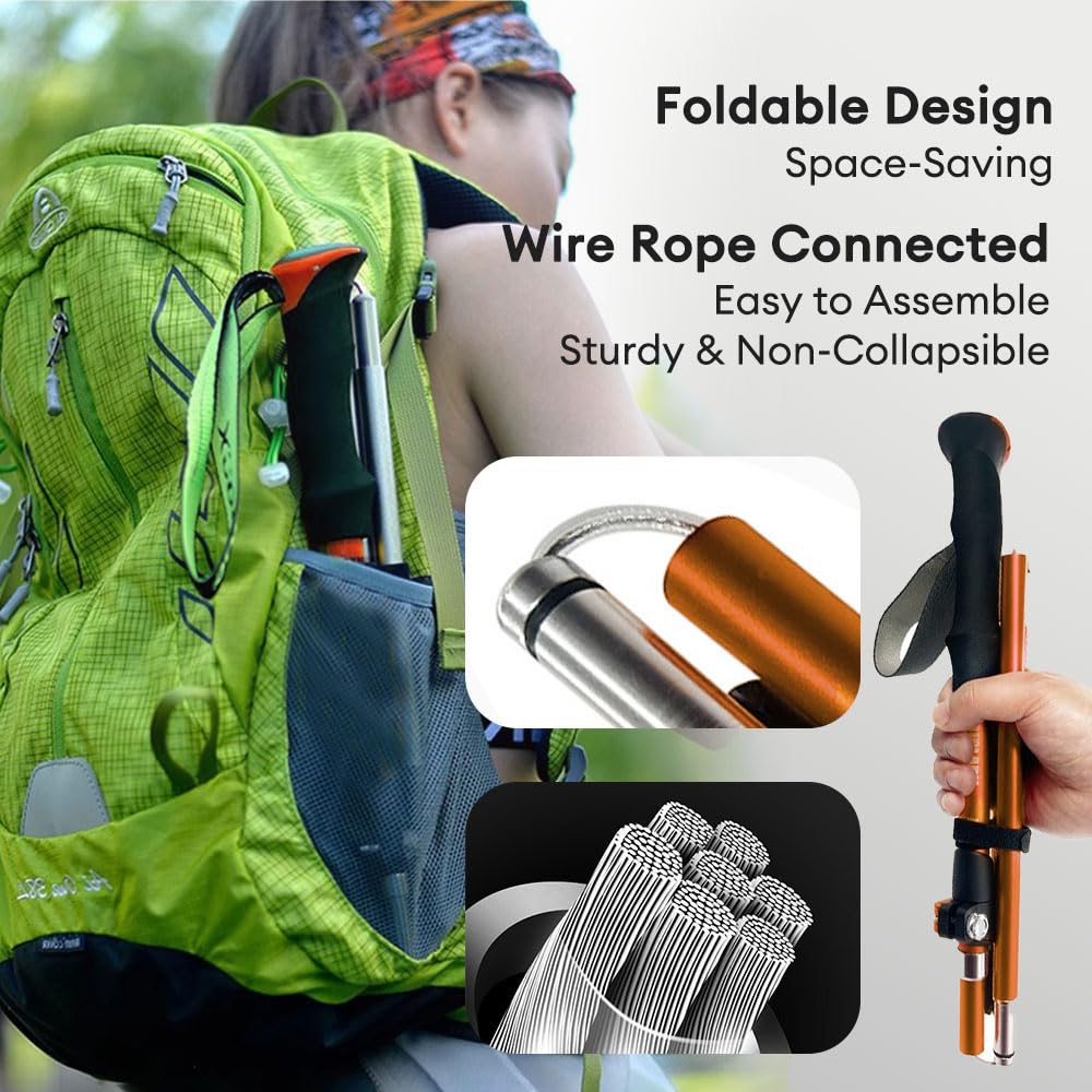 Ultra Lightweight Collapsible Trekking Poles for Hiking - Adjustable Quick Lock System with Terrain Accessories (1-Pack, Orange) - Perfect for Camping, Mountaineering, Walking & Outdoor Adventures