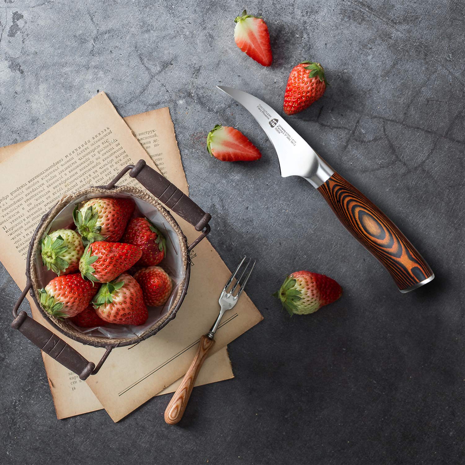 TUO Bird-Beak Paring Knife - 2.5 Inch Razor Sharp Stainless Steel Peeling Knife with Ergonomic Pakkawood Handle - German X50CrMoV15 Steel, Full Tang, Rust Resistant - Perfect for Fruit Peeling, Vegetable Trimming & Kitchen Prep