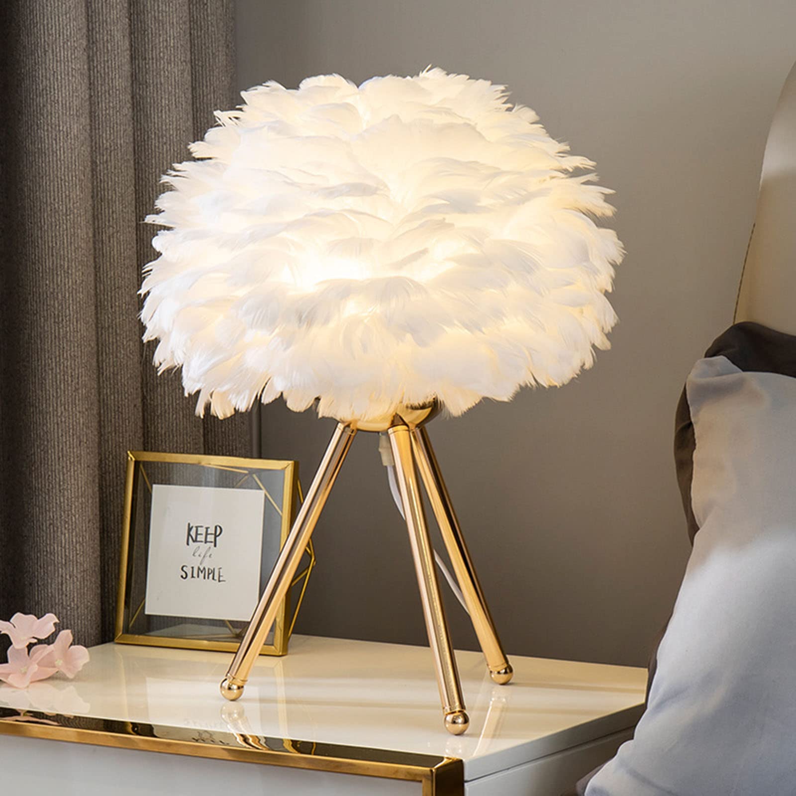 Modern Creative Feather Triangle Table Lamp - Elegant White with Golden Base for Bedroom, Living Room & Hotel Decor - Perfect Nightstand Lamp, Bedside Light & Warm Decoration for Wedding & Home Ambiance