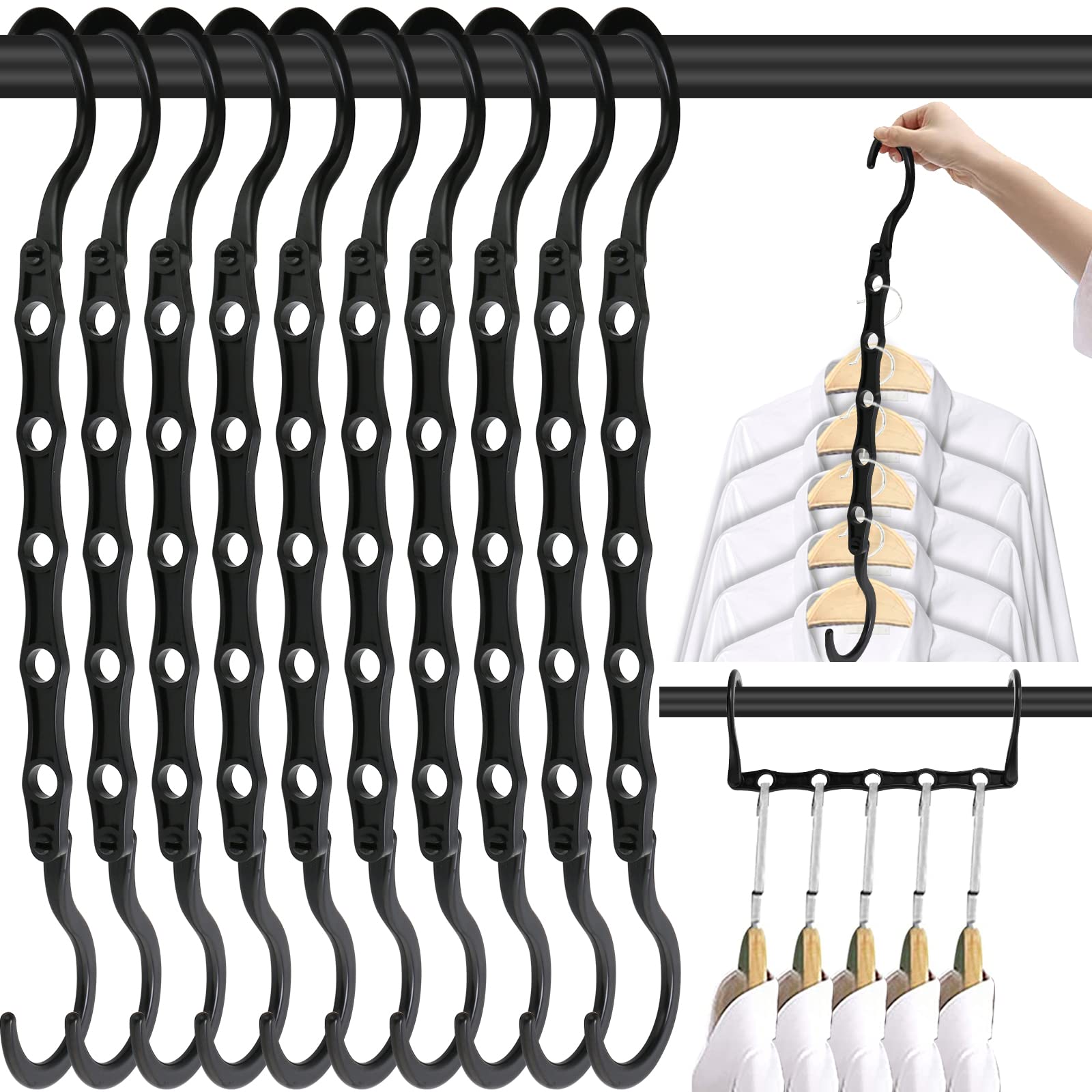 10-Pack Space Saving Hangers - 5-Hole Magic Closet Organizers | Heavy Duty Plastic Clothes Hangers for Wardrobe Storage | Perfect for College Dorm, Home Organization & Travel (Black)