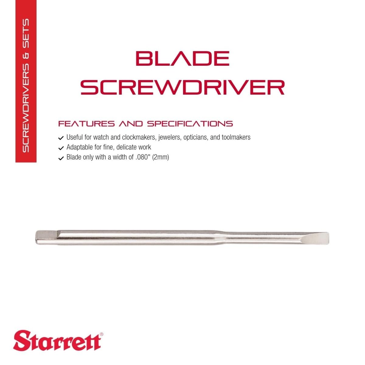 Starrett Jewelers Screwdriver Replacement Blade - 0.080-Inch Precision Blade for Fine & Delicate Work - PT02449D - Perfect for Watch Repair, Electronics, and Jewelry Making