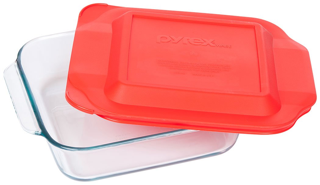 Pyrex 8 Inch Square Baking Dish - Oven Safe Glass Bakeware for Cakes, Brownies & Casseroles - Durable & Non-Porous Red Baking Pan (8-inch) - Perfect for Holiday Baking, Potlucks & Family Dinners