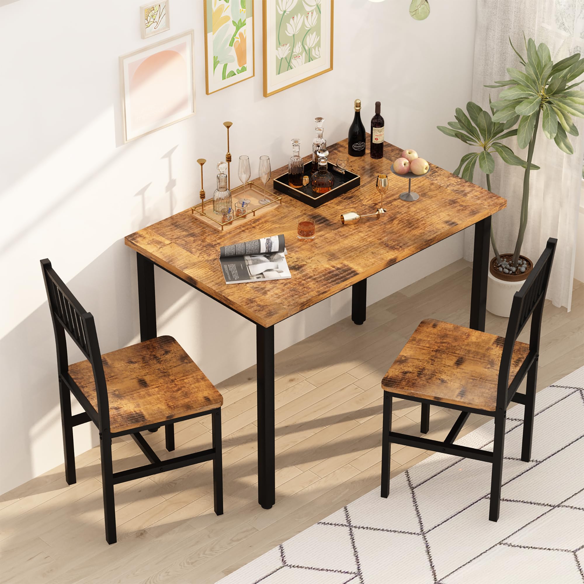 AWQM 3-Piece Industrial Dining Table Set with 2 Chairs - Compact Kitchen & Breakfast Table for Small Spaces - Perfect for Apartments, Living Rooms & Dining Areas (Brown) | Ideal for Morning Coffee, Family Meals & Small Space Entertaining