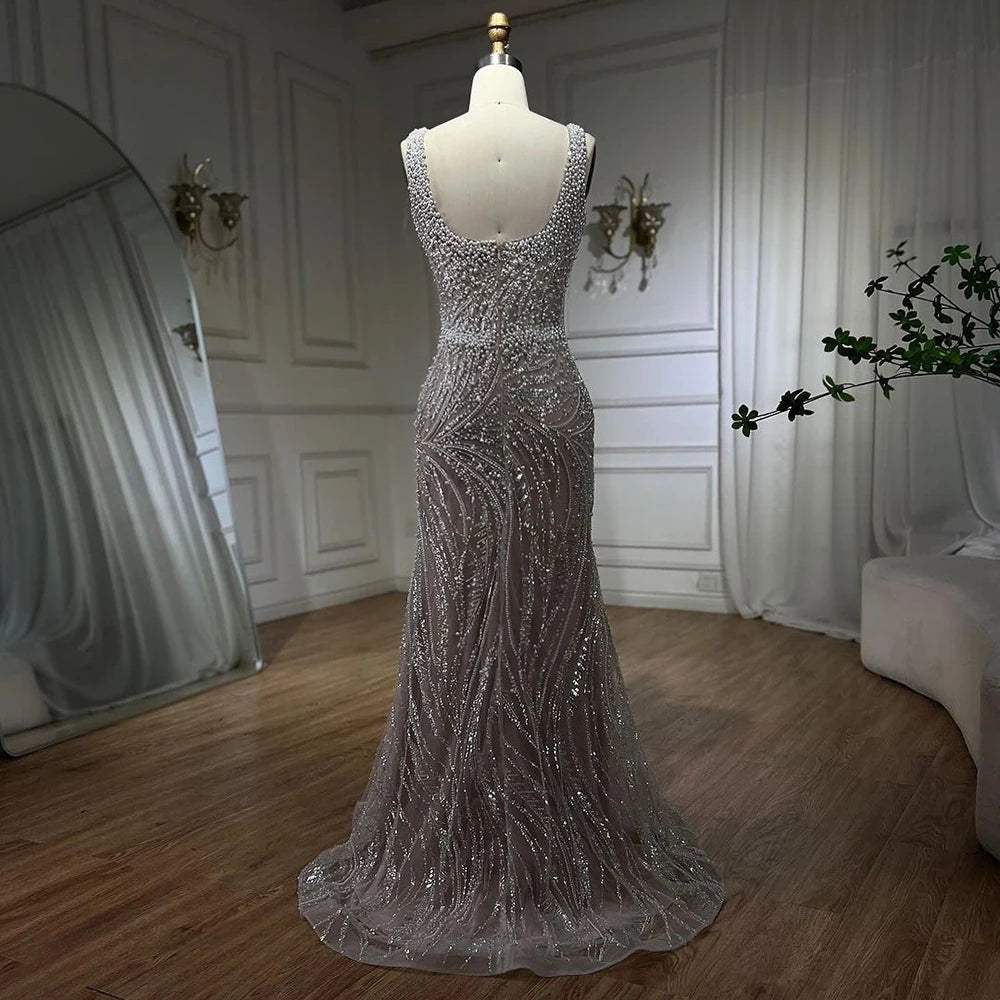 Elegant White Nude Spaghetti Strap Mermaid Evening Gown with Luxury Pearl Beading - Women's Formal Dress for Wedding, Prom & Special Occasions