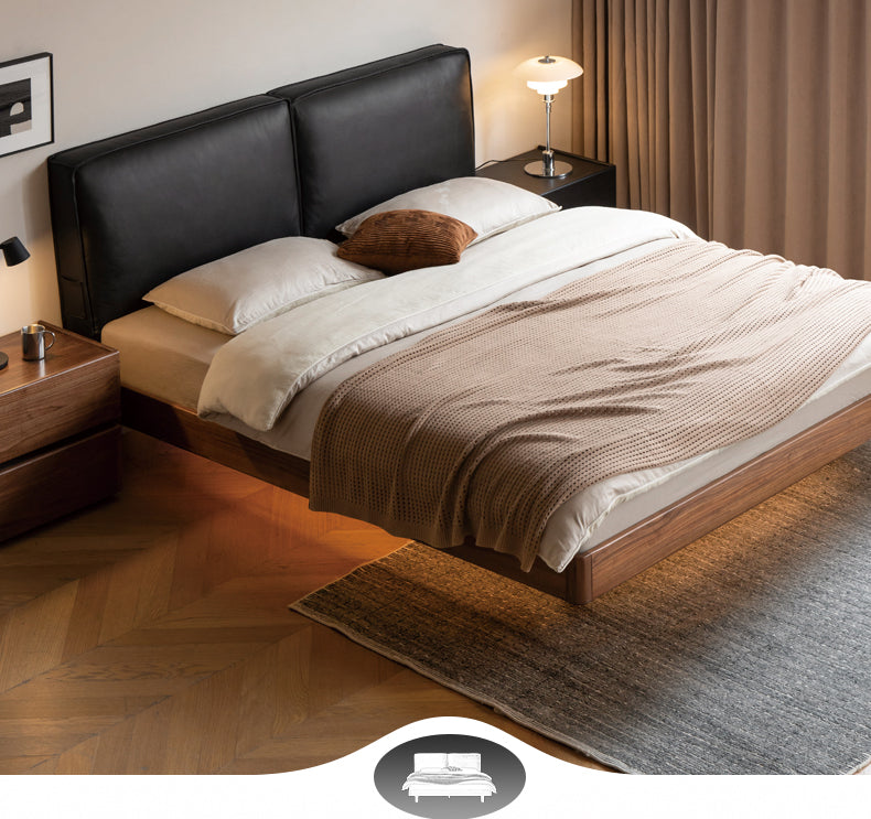 Solid Black Walnut Wood Leather Upholstered Suspended Bed with LED Lighting - Perfect for Modern Bedroom, Guest Room, and Luxury Home Decor