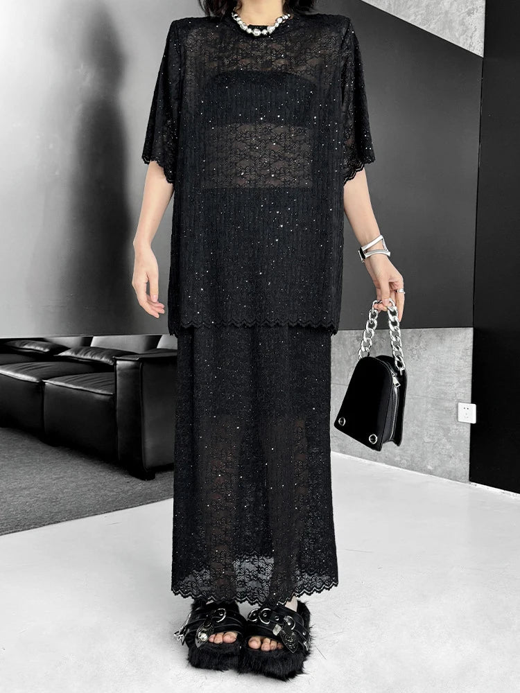 Black Lace T-Shirt & Back Slit Skirt 2-Piece Set - Round Neck Short Sleeve Women's Fashion Outfit for Spring Summer 2025 | Casual Wear, Date Night, Office Attire