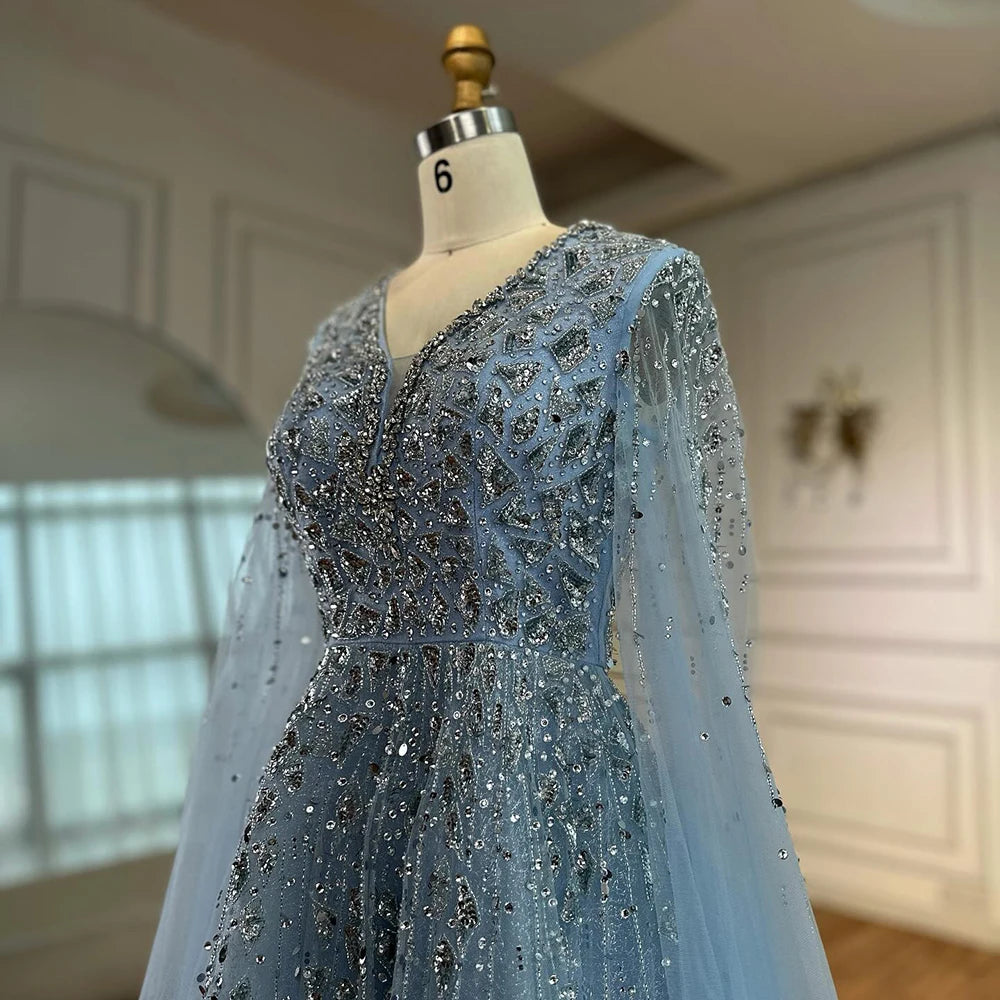 Elegant Blue Evening Gown with Detachable Cape - LA72968 | Perfect for Formal Events, Galas & Special Occasions